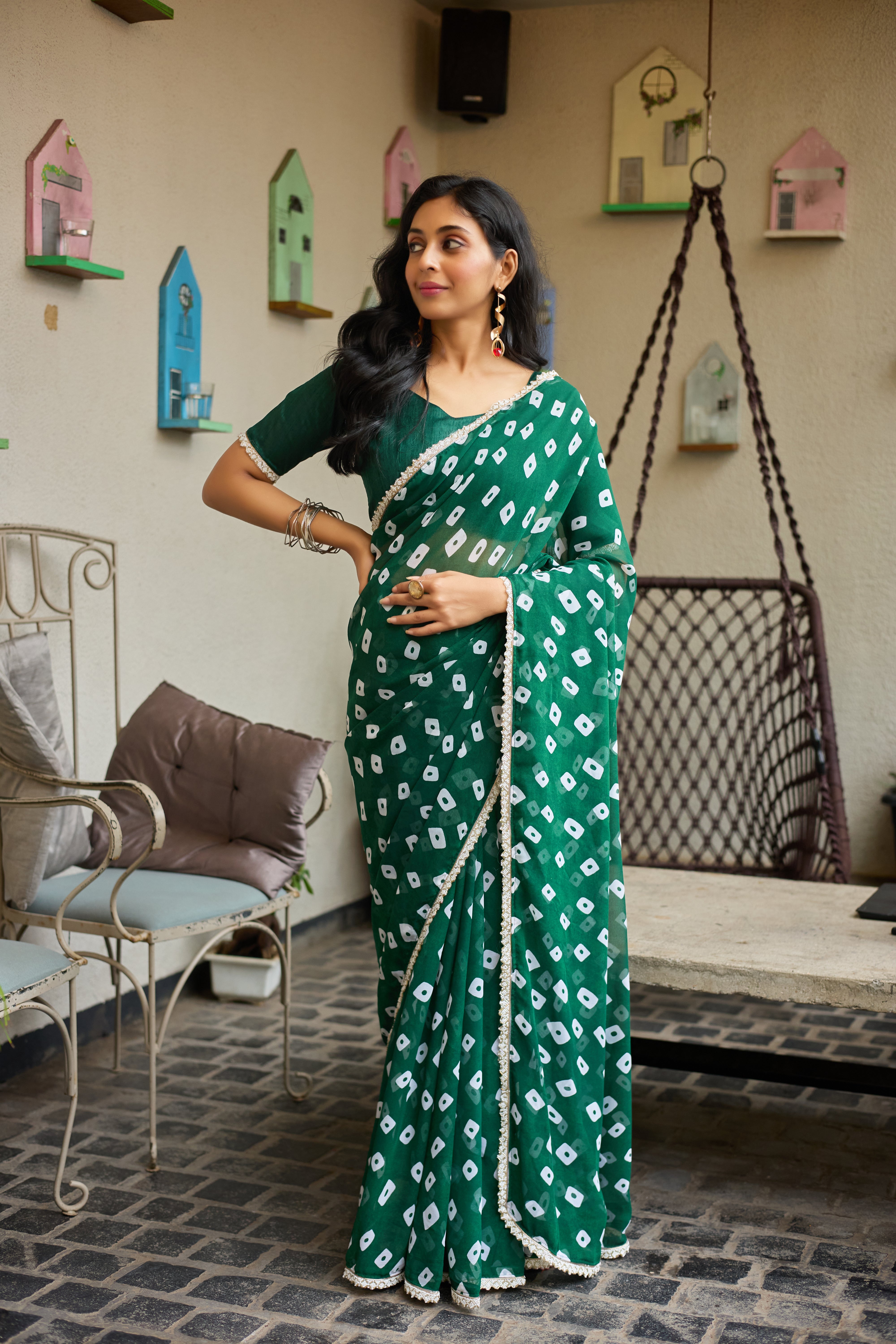 Emerald Glow Bandhani-Style Green Saree with Lace Border