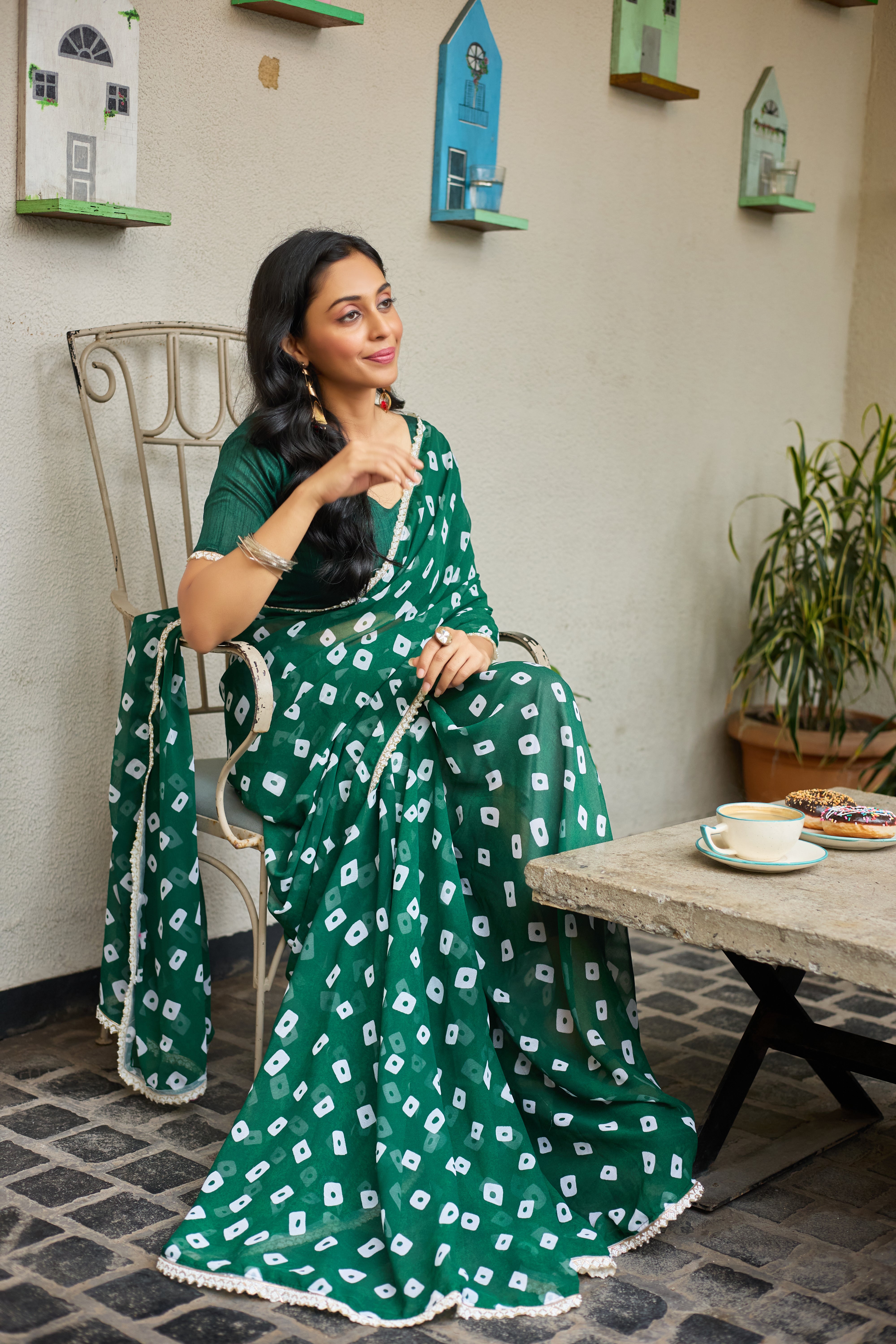 Emerald Glow Bandhani-Style Green Saree with Lace Border
