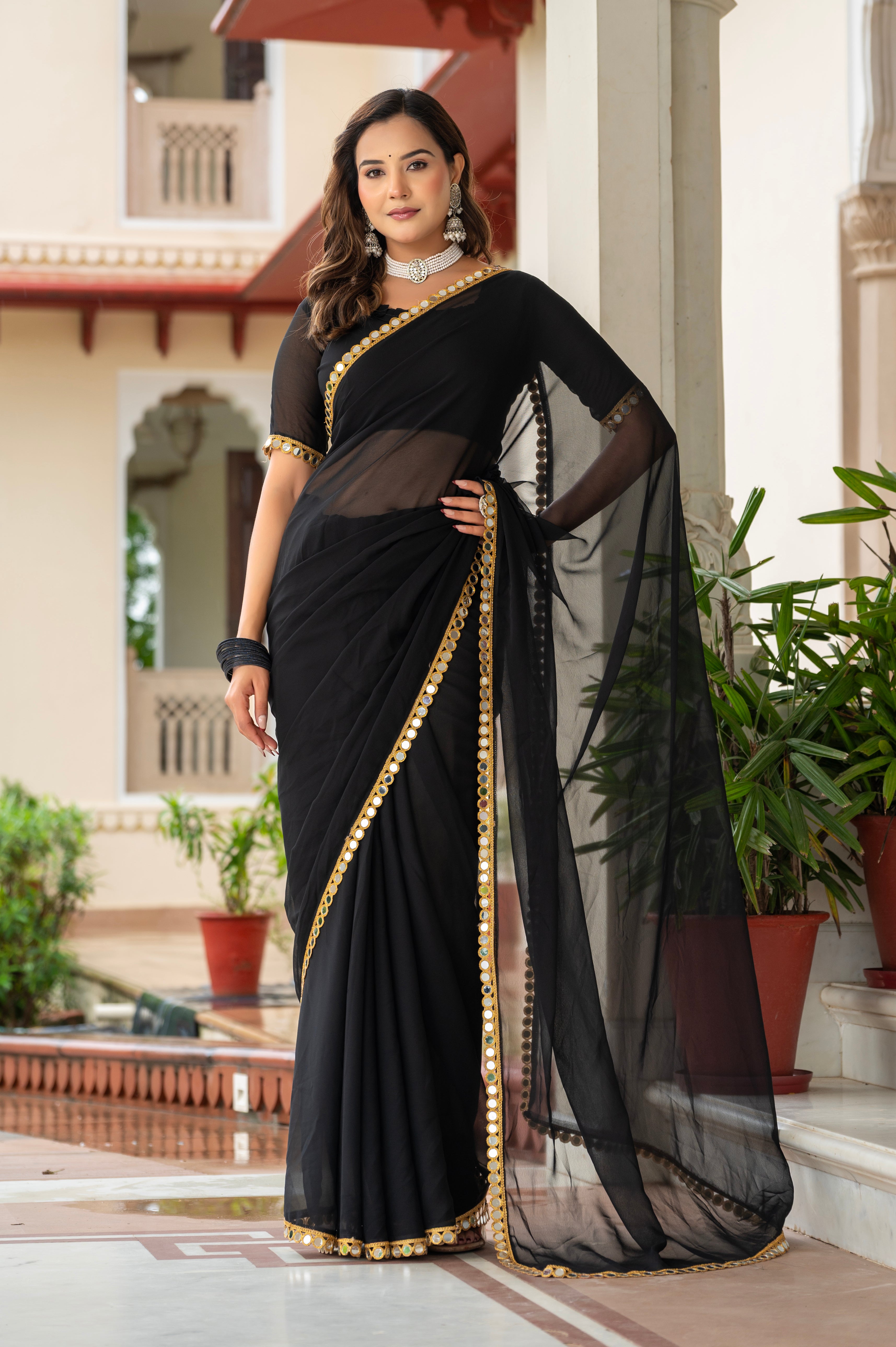 Elegant Black Mirror Work Georgette Saree