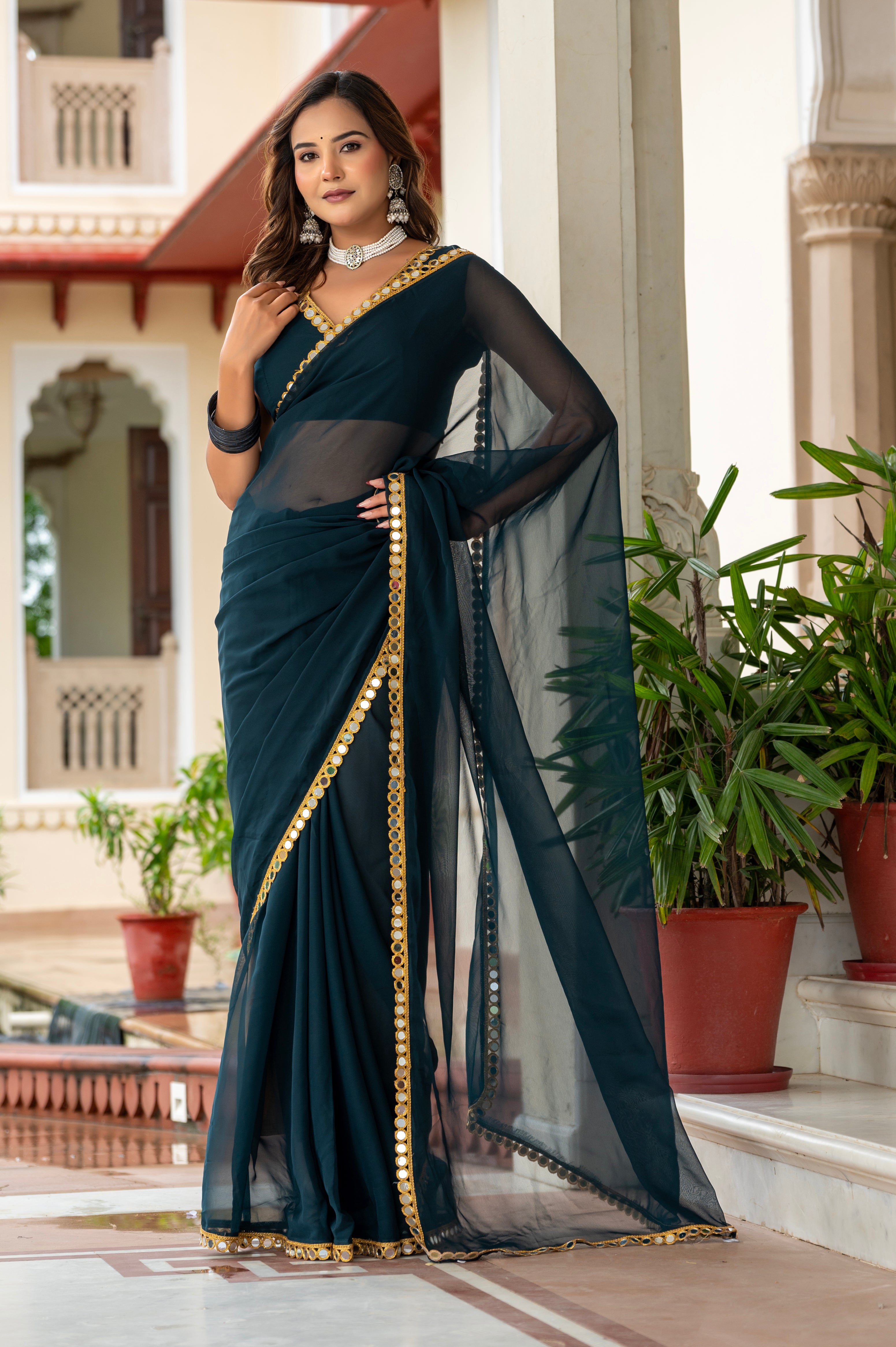 Elegant Dark Green Mirror Work Georgette Saree