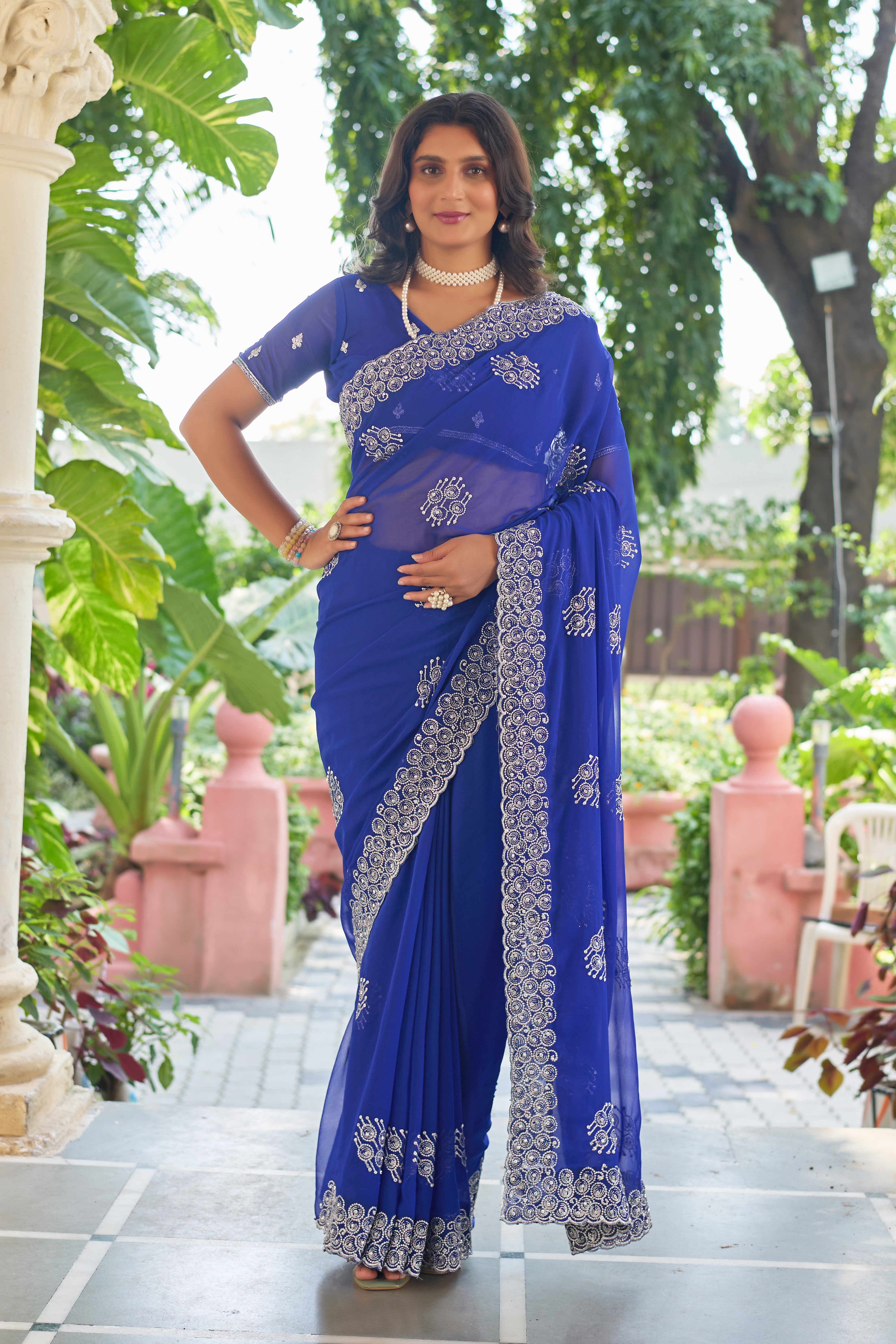 Royal Sapphire Blue Georgette Saree with Silver Embroidered Border