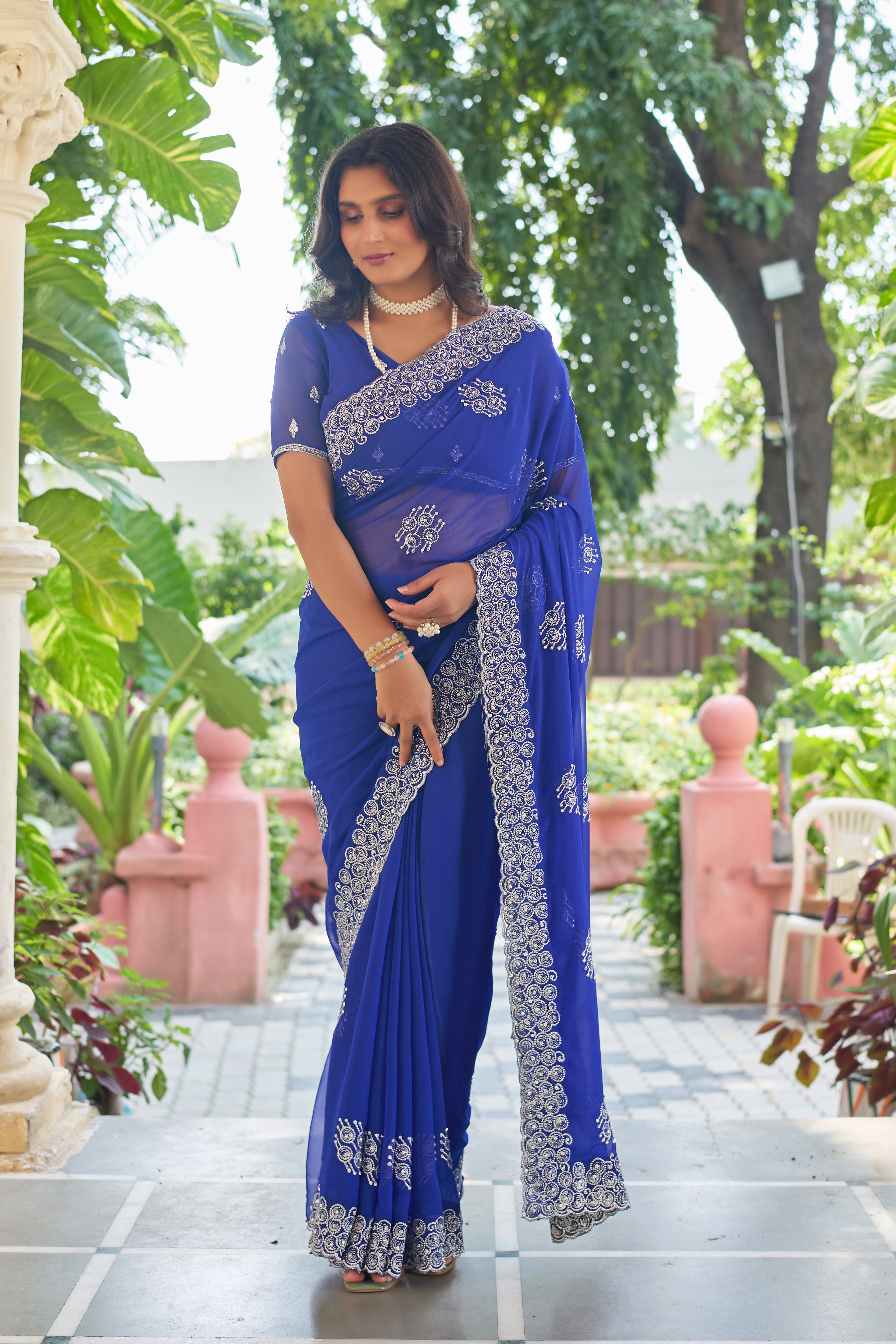 Royal Sapphire Blue Georgette Saree with Silver Embroidered Border