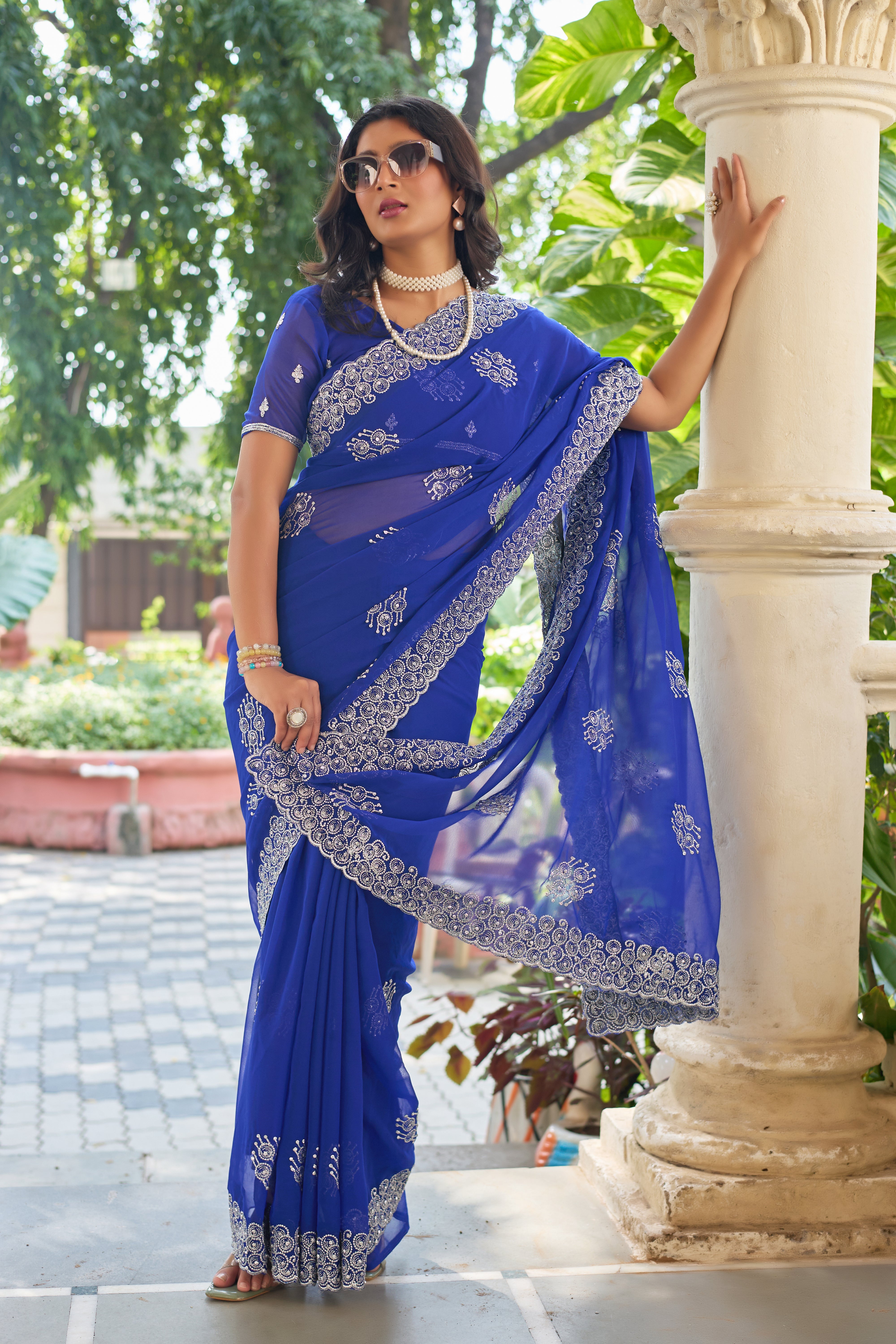 Royal Sapphire Blue Georgette Saree with Silver Embroidered Border