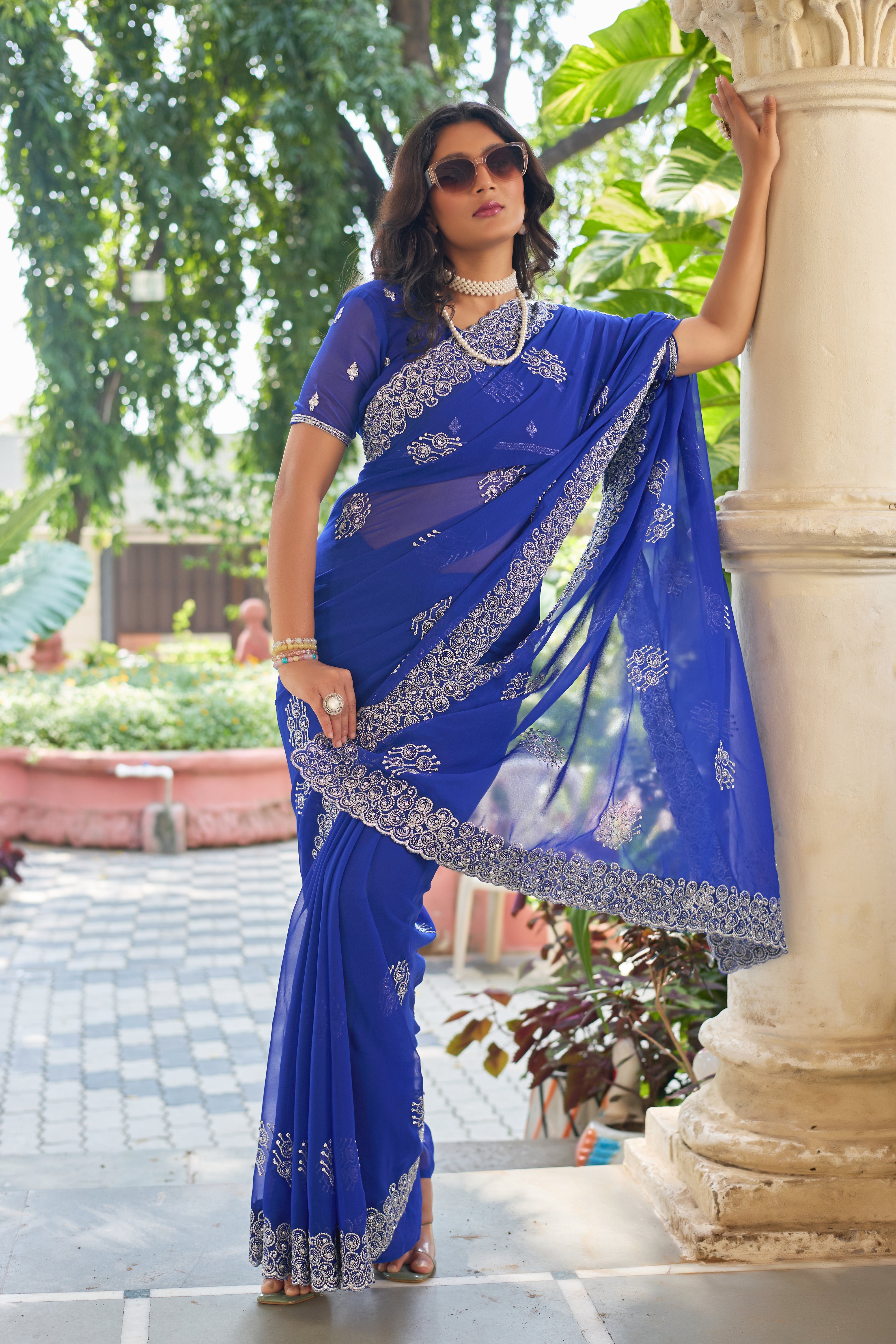 Royal Sapphire Blue Georgette Saree with Silver Embroidered Border