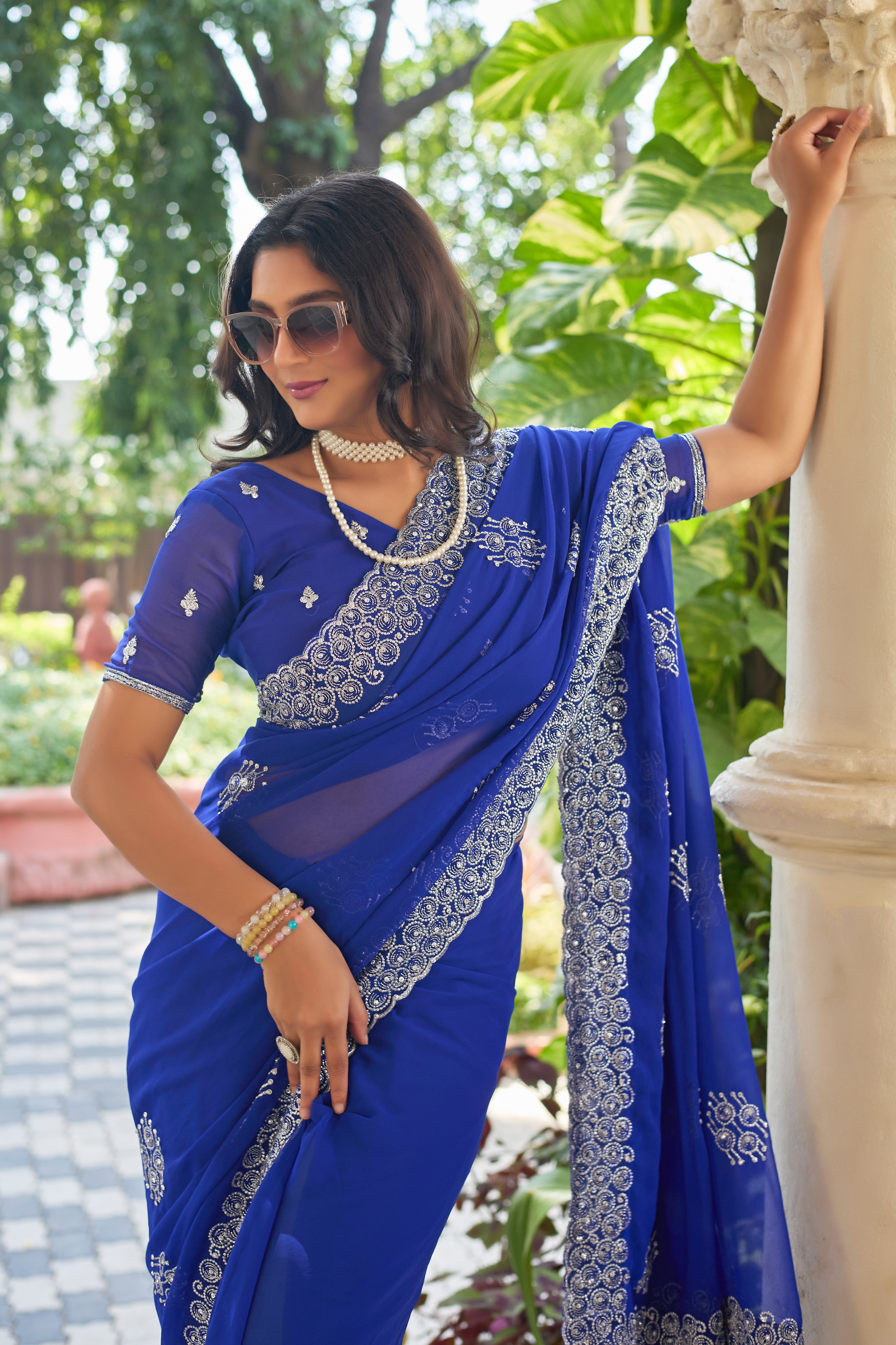 Royal Sapphire Blue Georgette Saree with Silver Embroidered Border