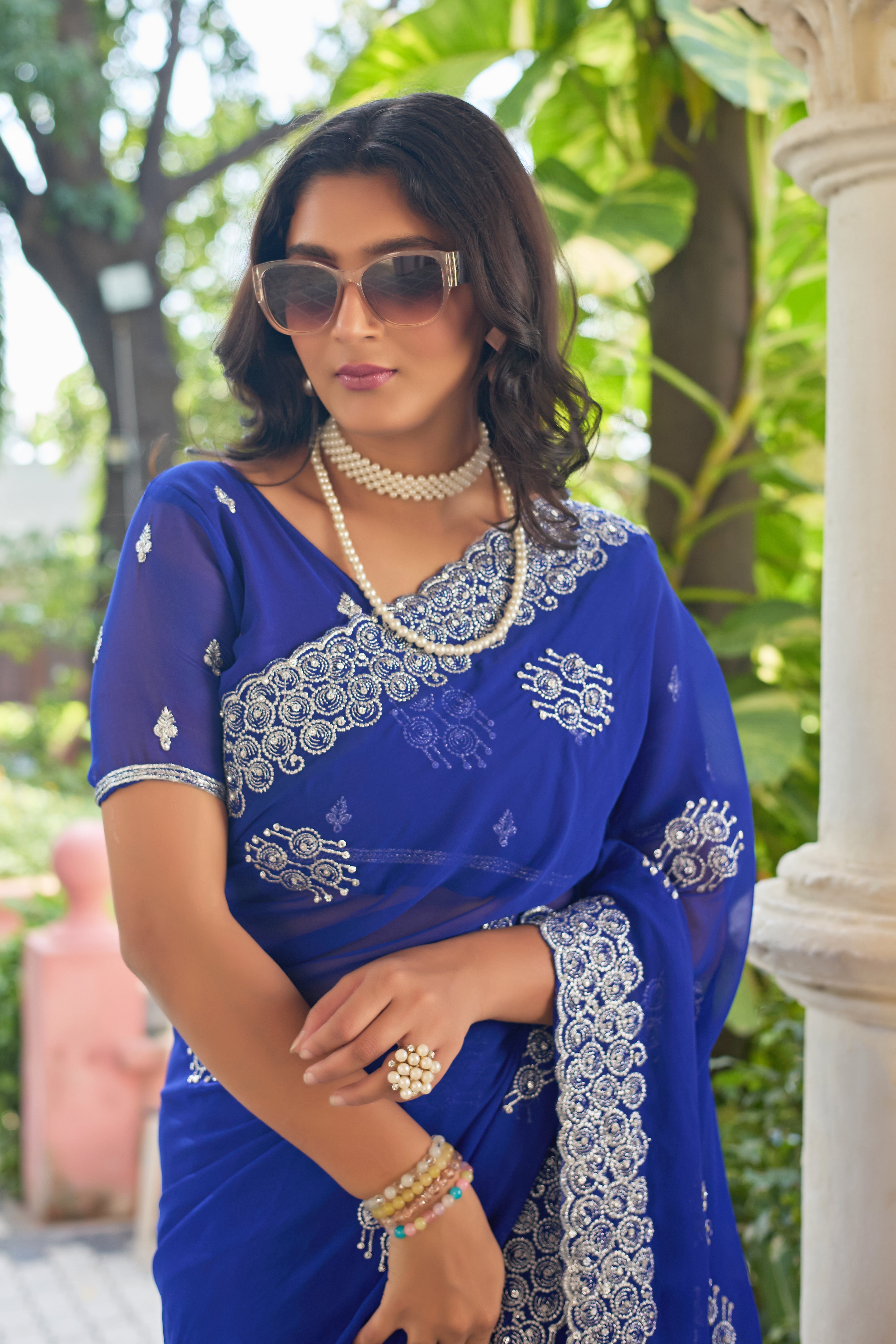 Royal Sapphire Blue Georgette Saree with Silver Embroidered Border