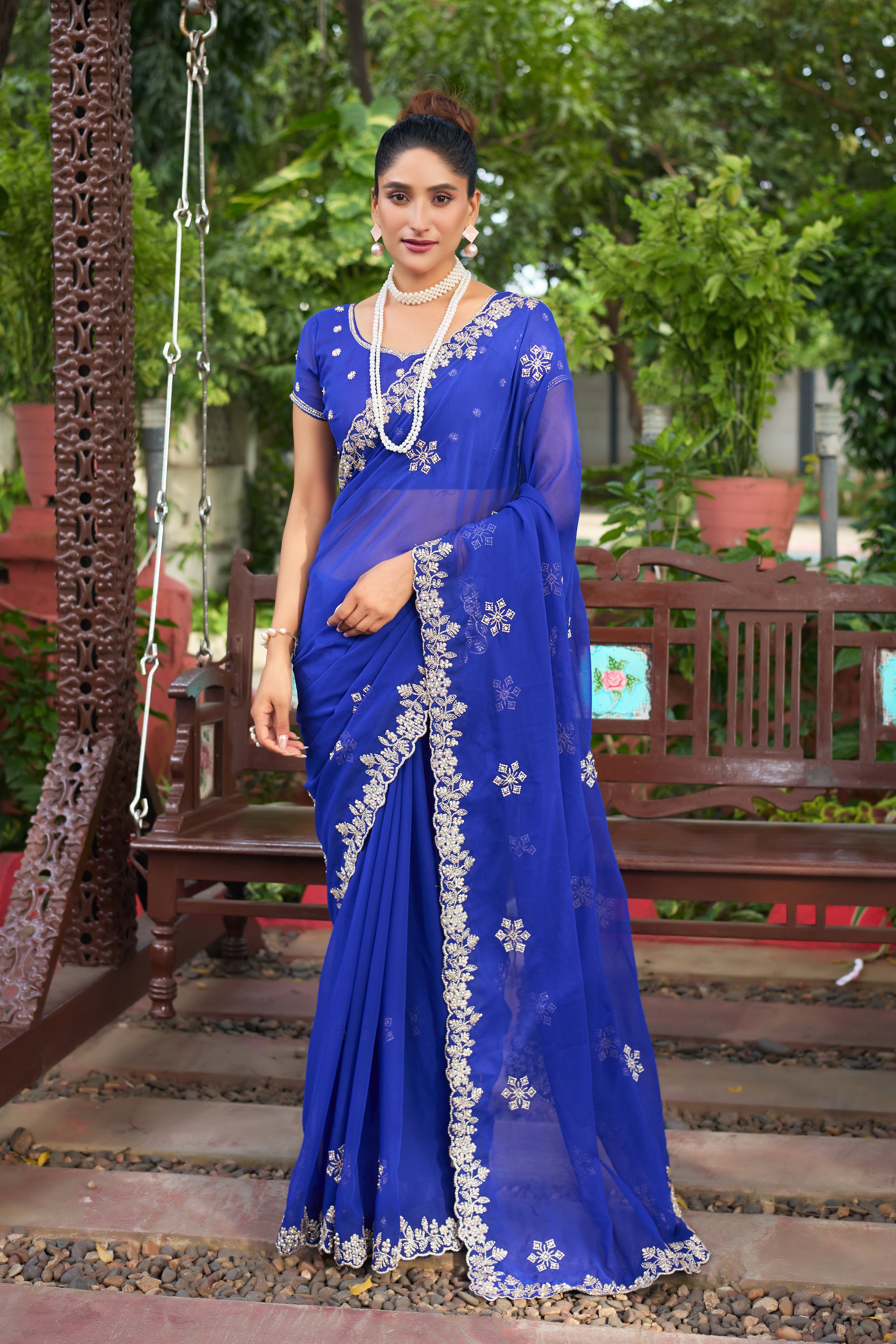 Crimson Blossom Georgette Saree with White Floral Embroidery