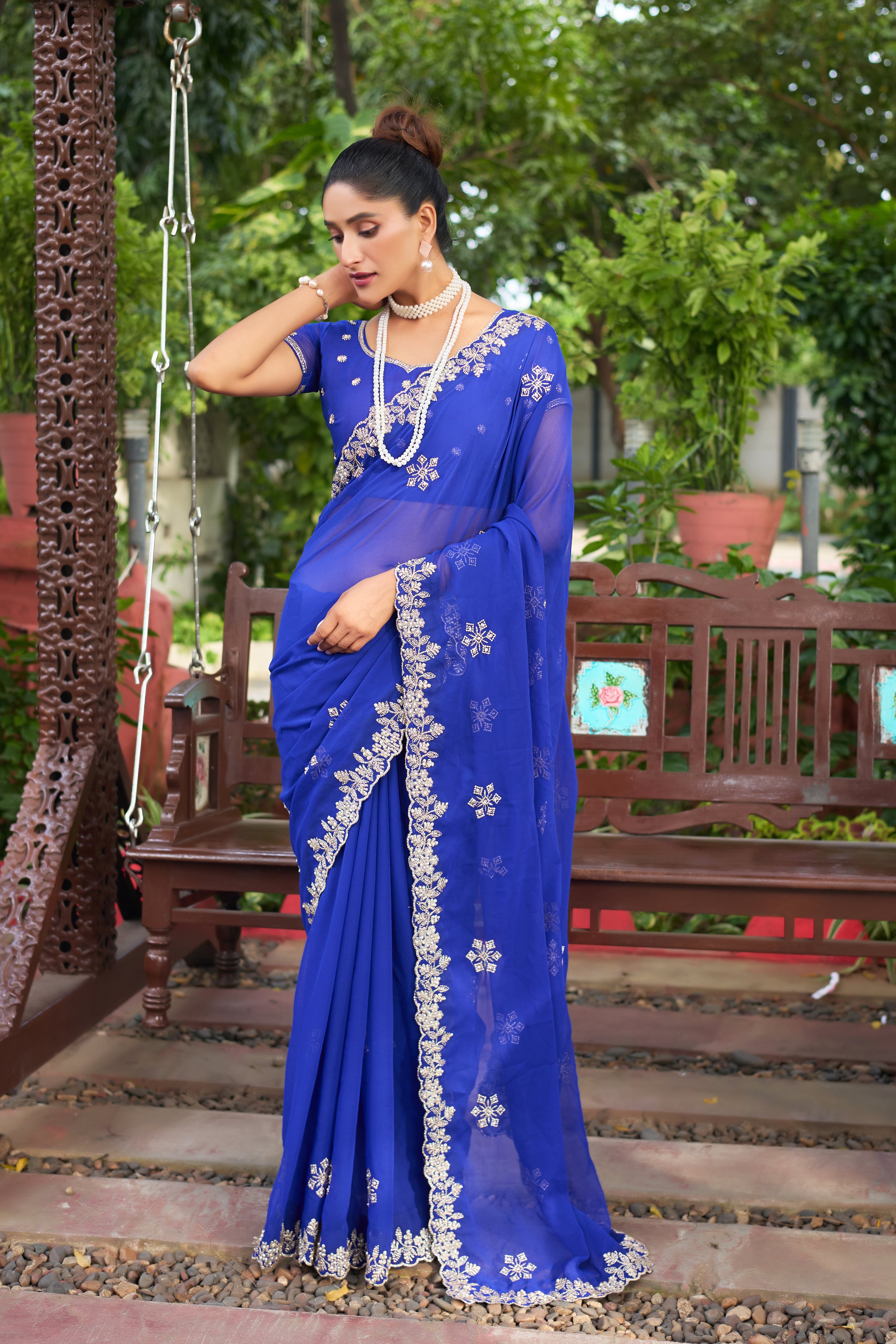 Crimson Blossom Georgette Saree with White Floral Embroidery