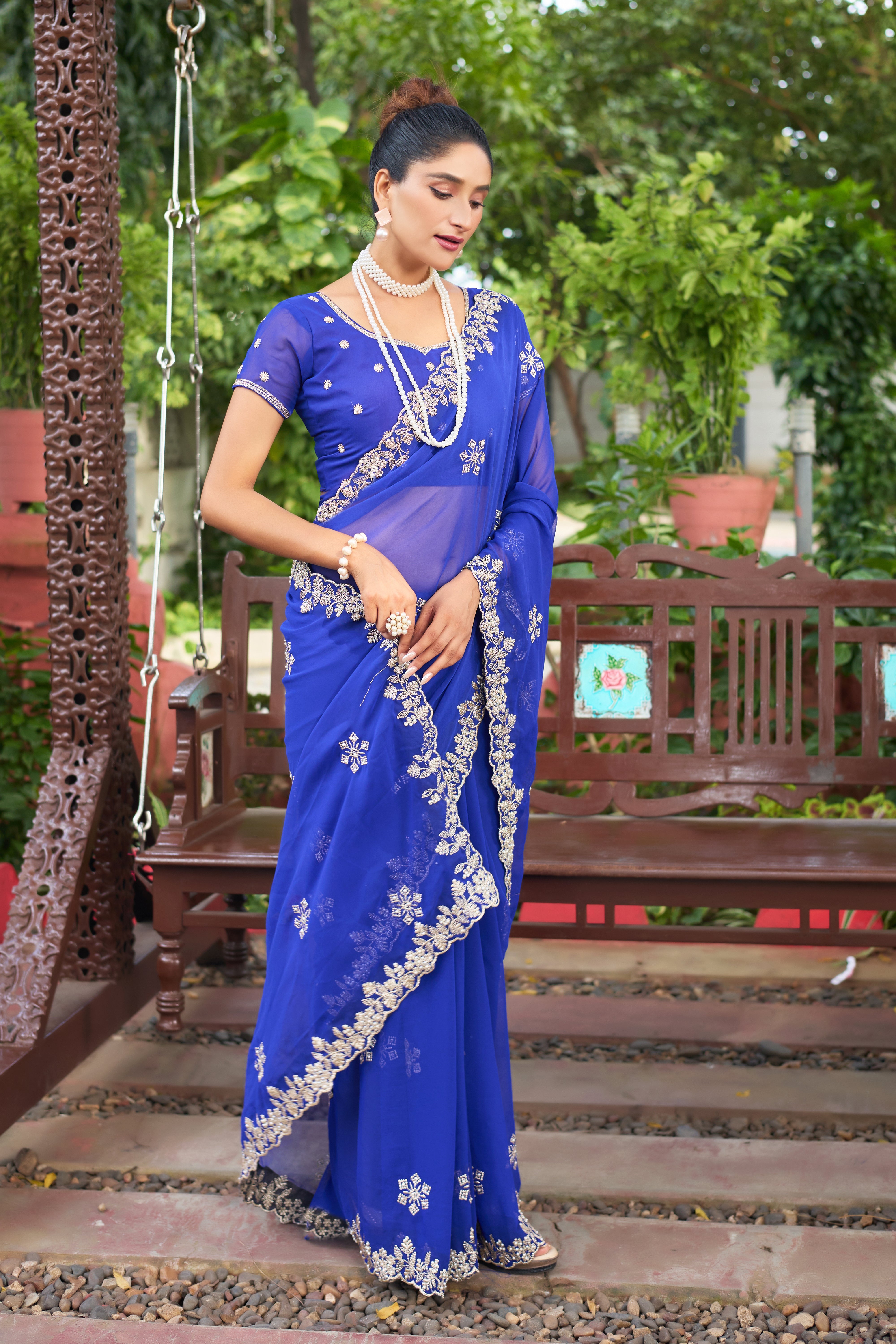 Crimson Blossom Georgette Saree with White Floral Embroidery