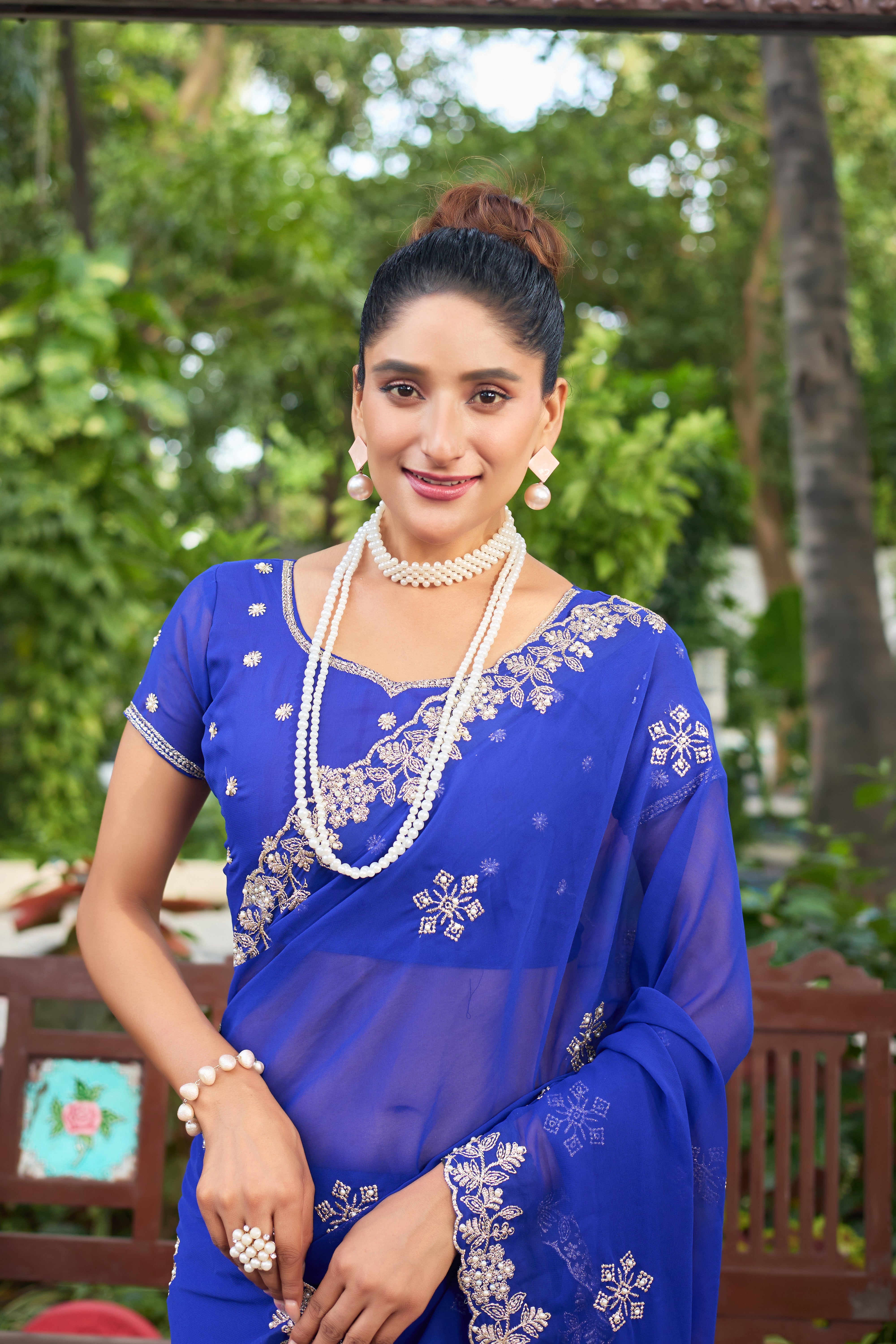 Crimson Blossom Georgette Saree with White Floral Embroidery