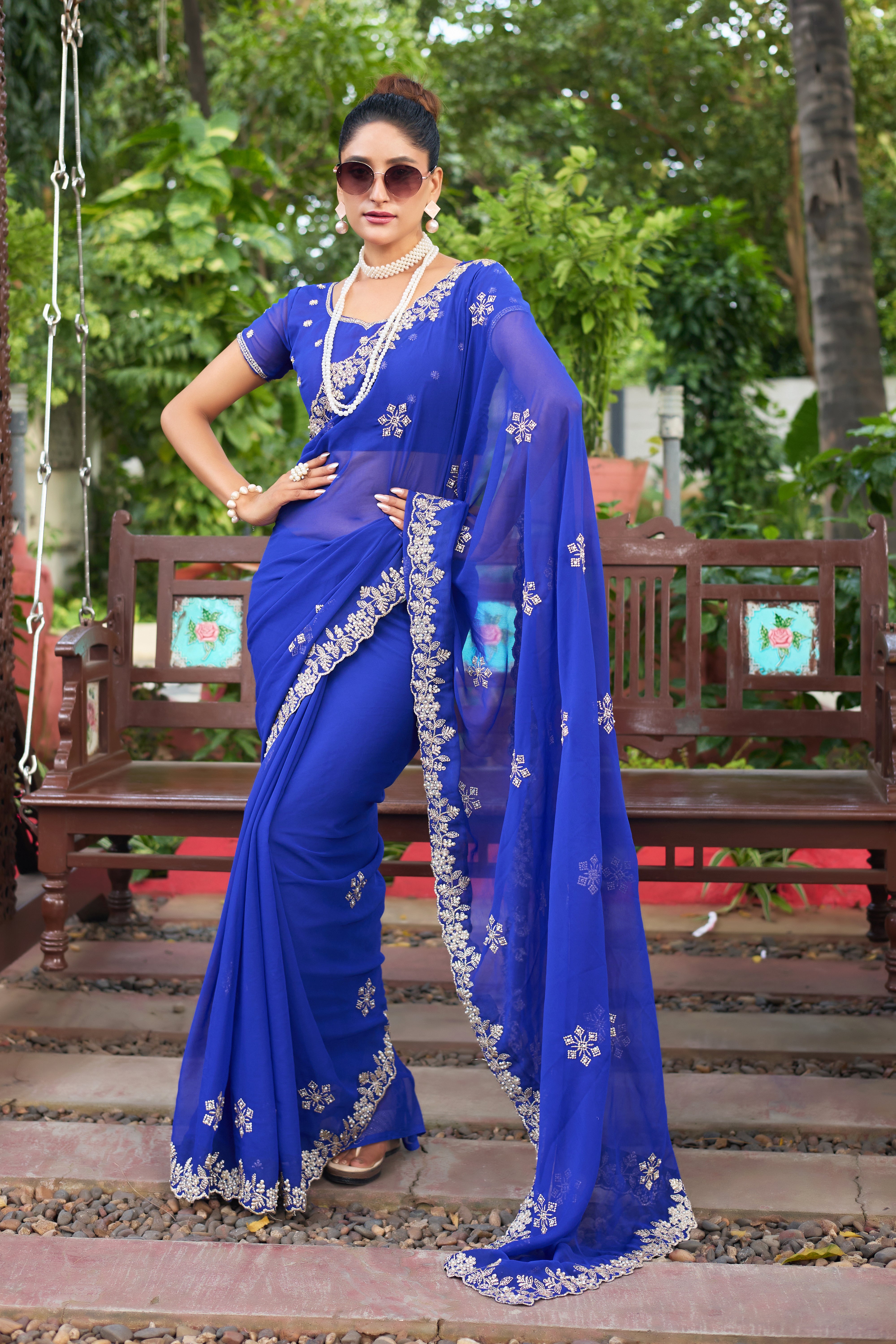 Crimson Blossom Georgette Saree with White Floral Embroidery