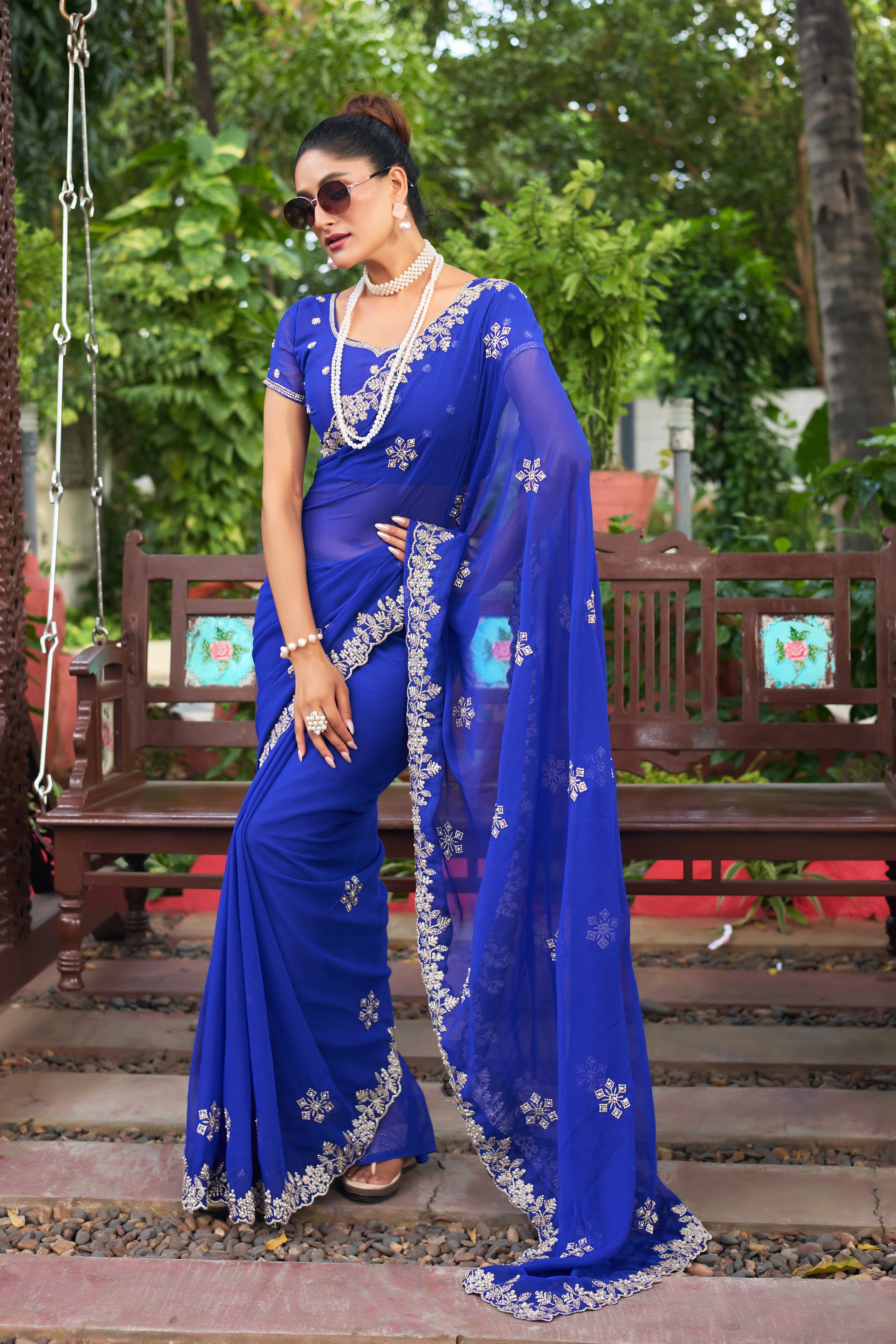 Crimson Blossom Georgette Saree with White Floral Embroidery