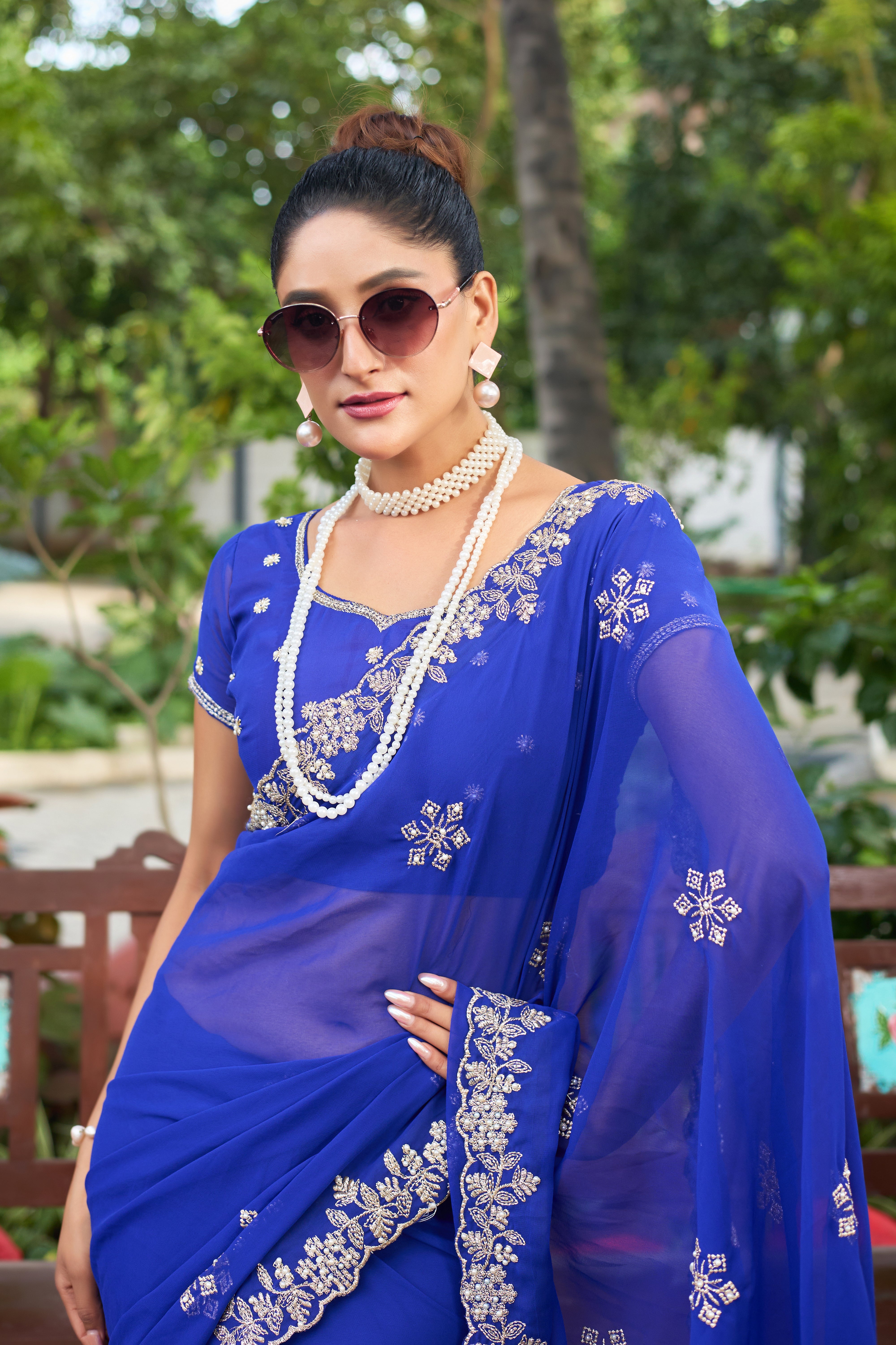 Crimson Blossom Georgette Saree with White Floral Embroidery