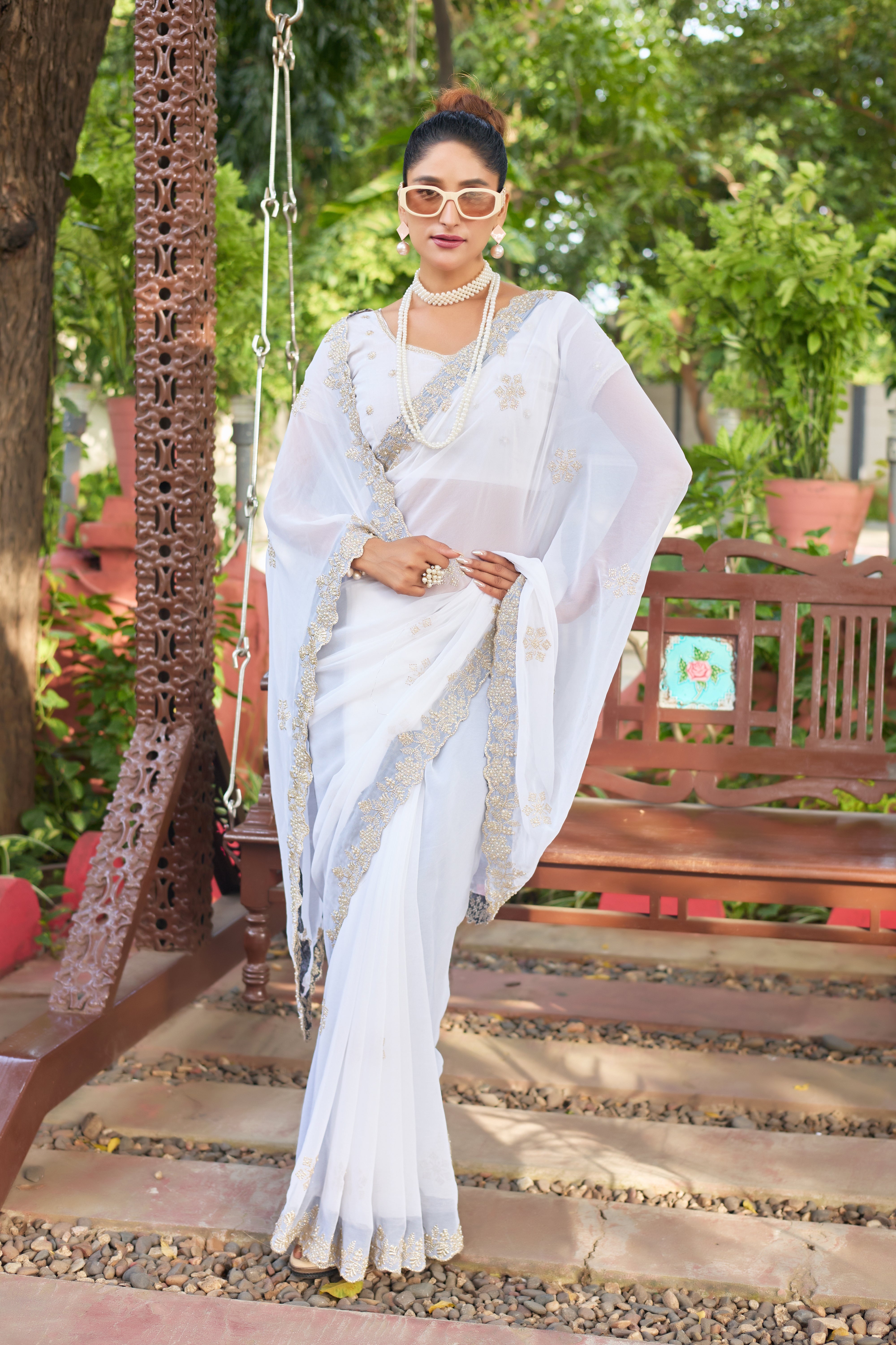 Crimson Blossom Georgette Saree with White Floral Embroidery