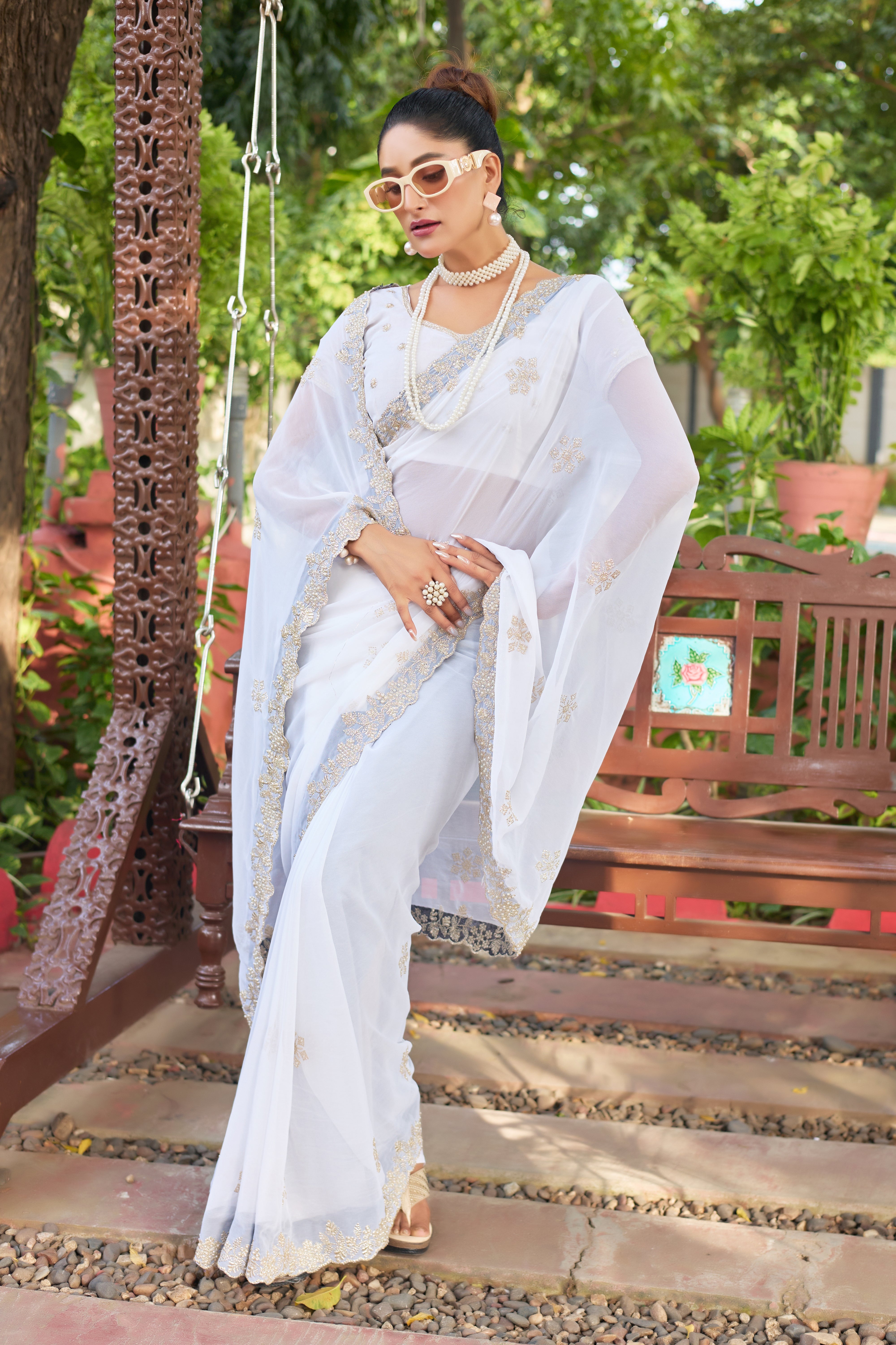 Crimson Blossom Georgette Saree with White Floral Embroidery