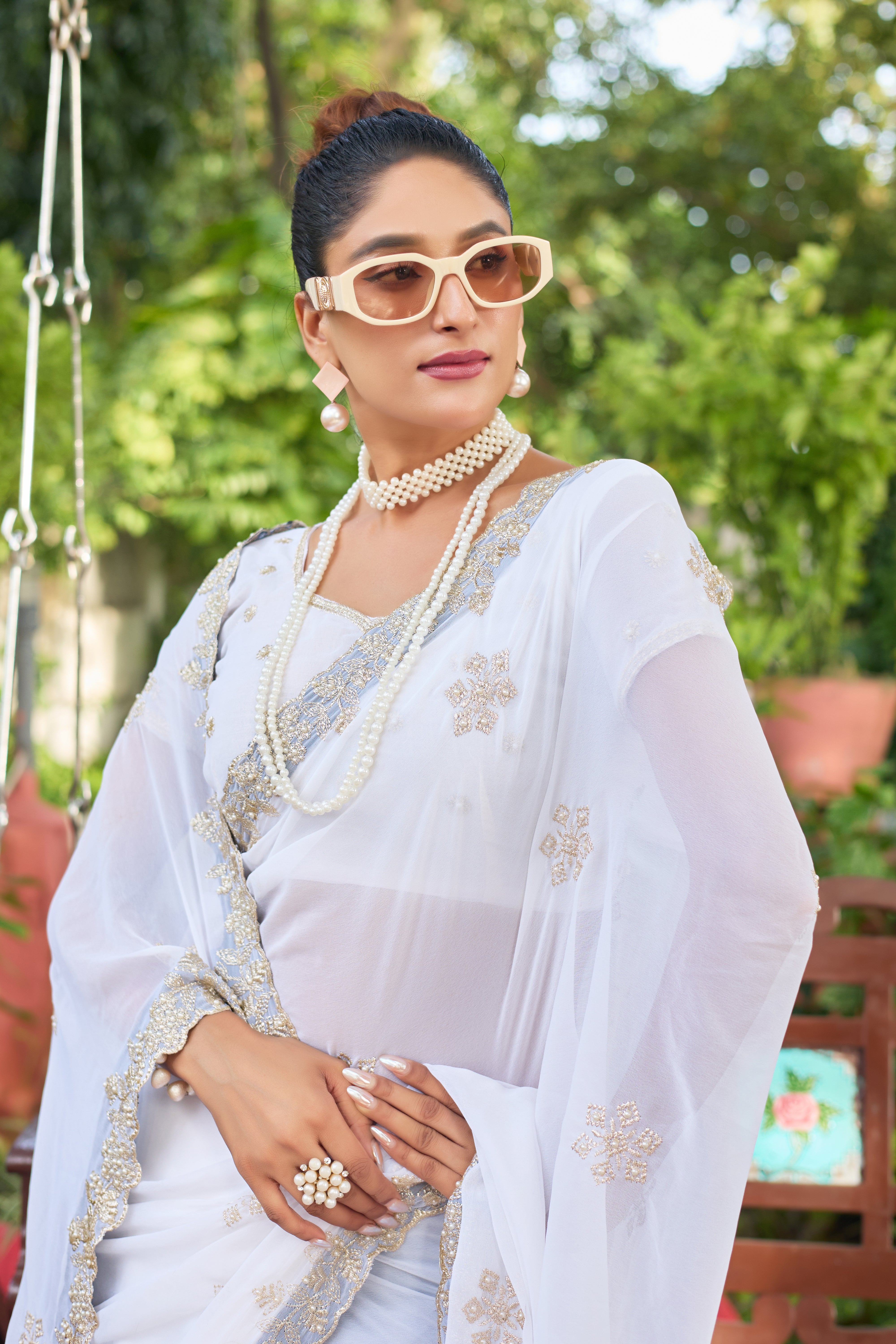 Crimson Blossom Georgette Saree with White Floral Embroidery