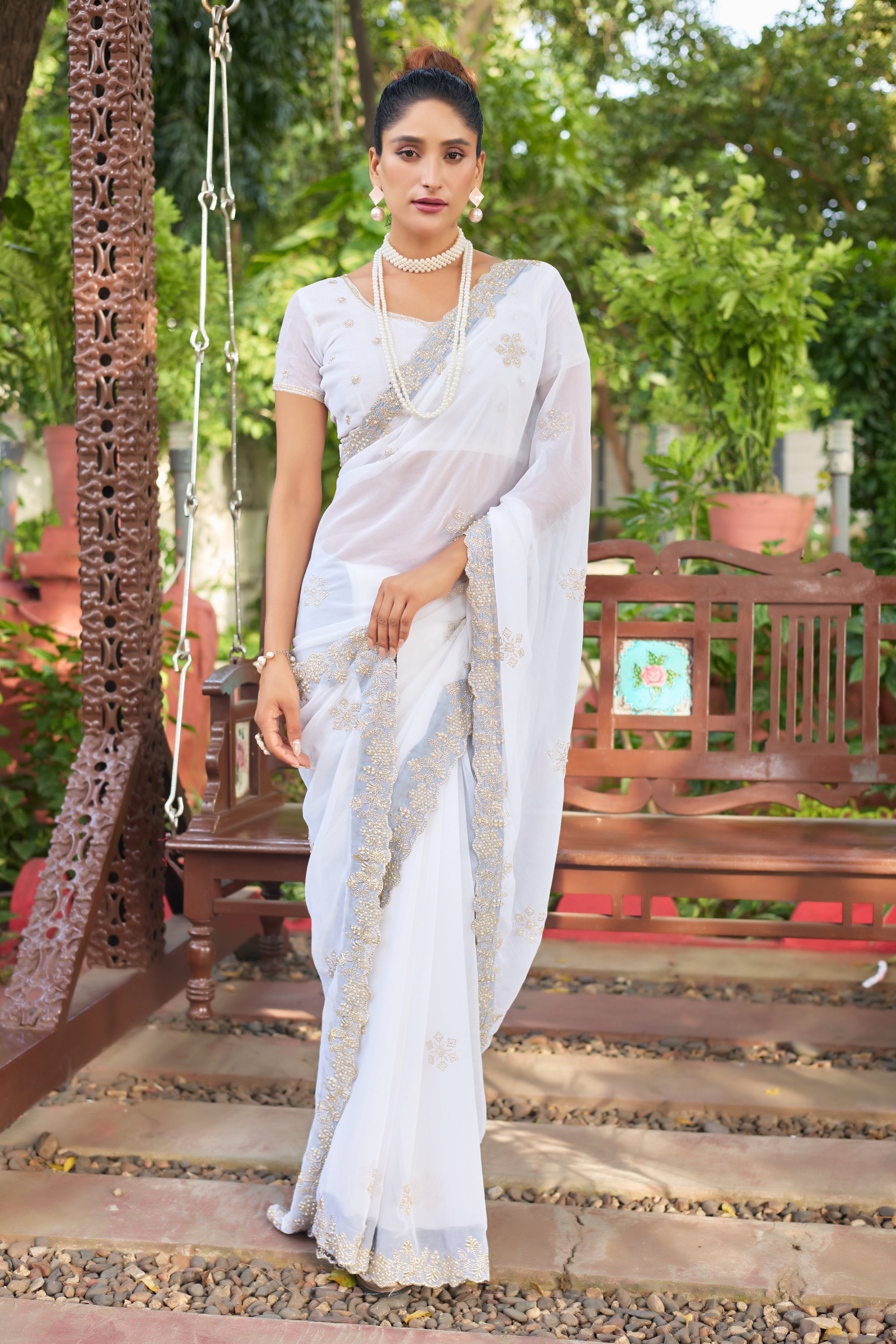 Crimson Blossom Georgette Saree with White Floral Embroidery