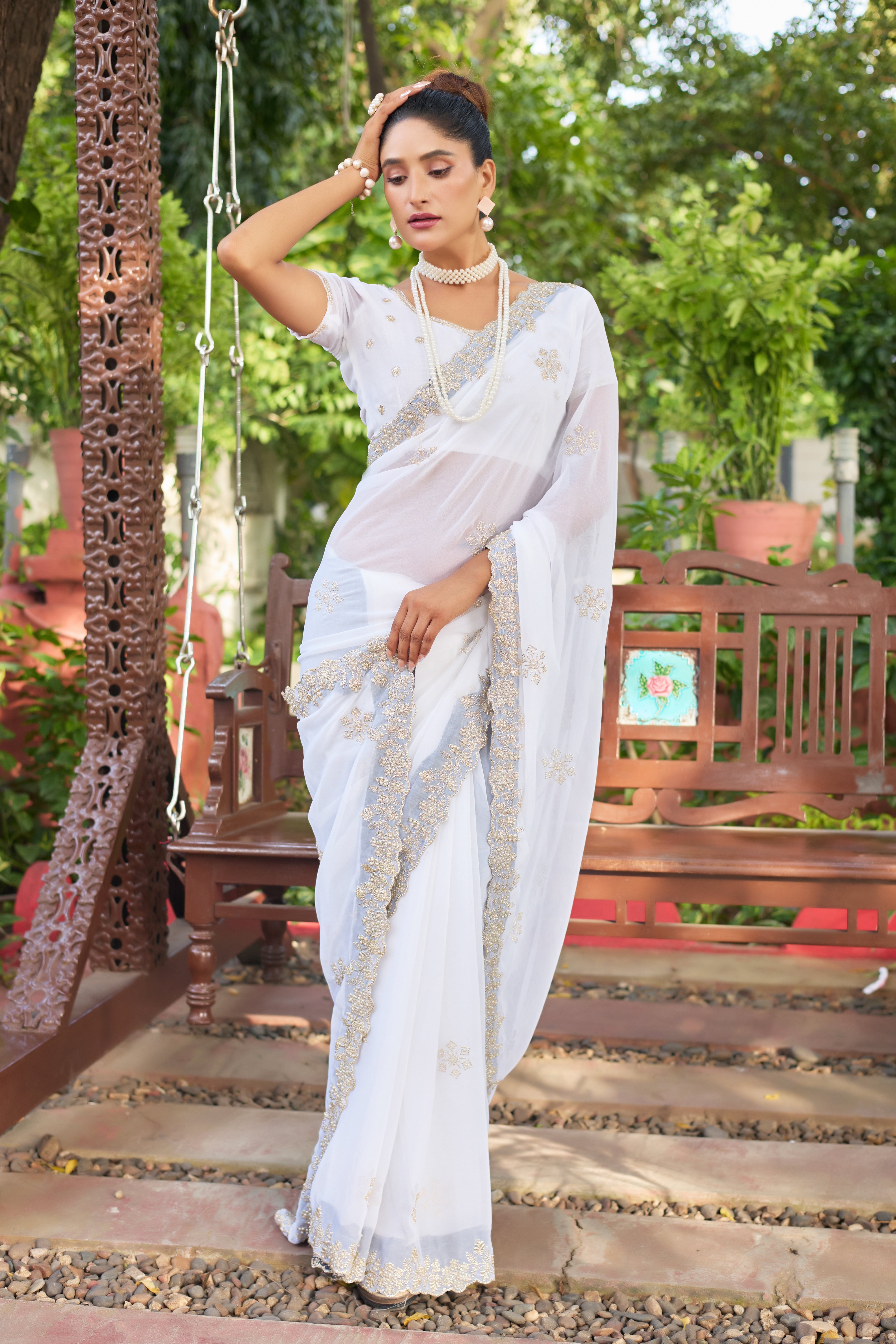 Crimson Blossom Georgette Saree with White Floral Embroidery