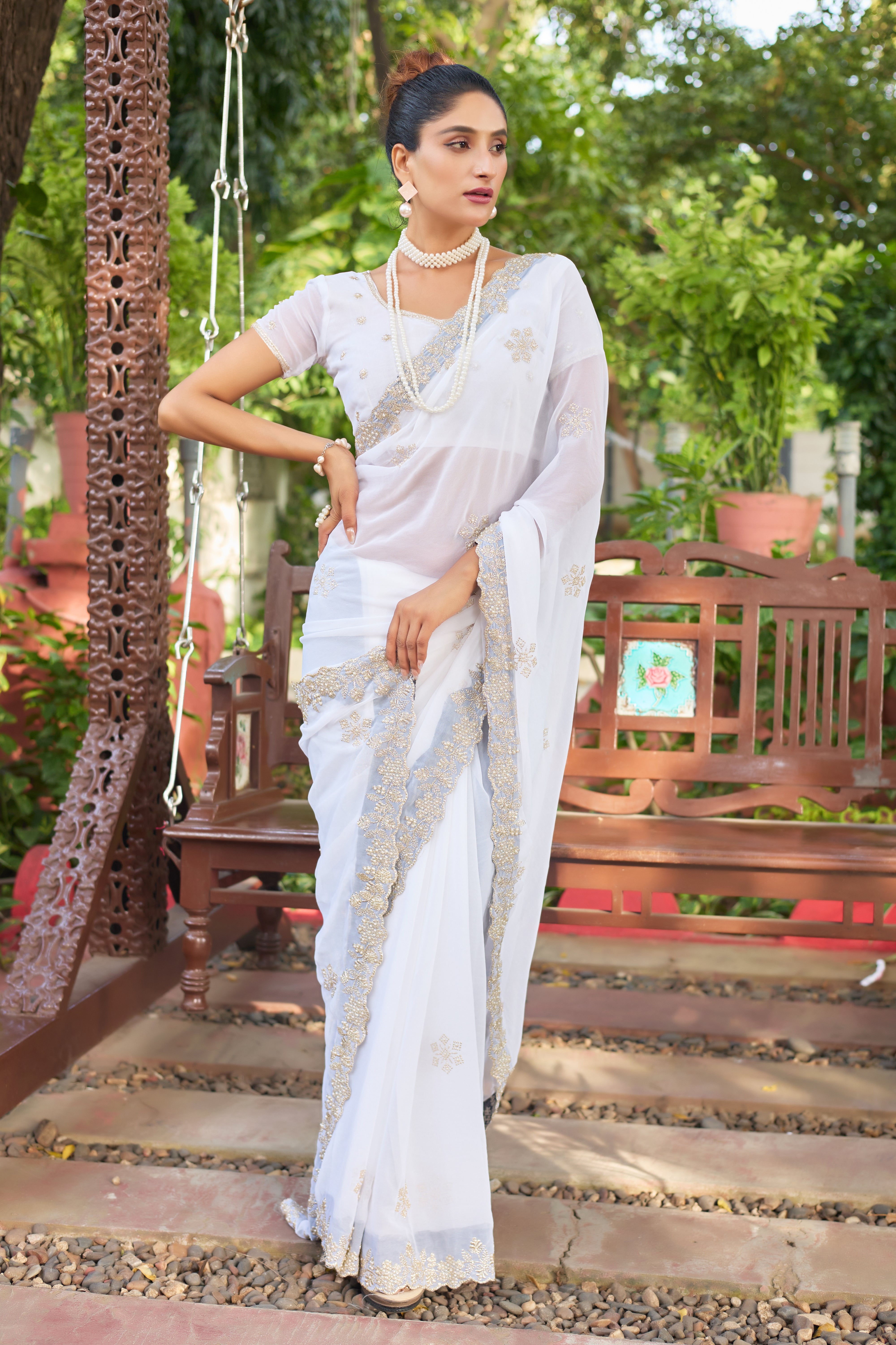 Crimson Blossom Georgette Saree with White Floral Embroidery