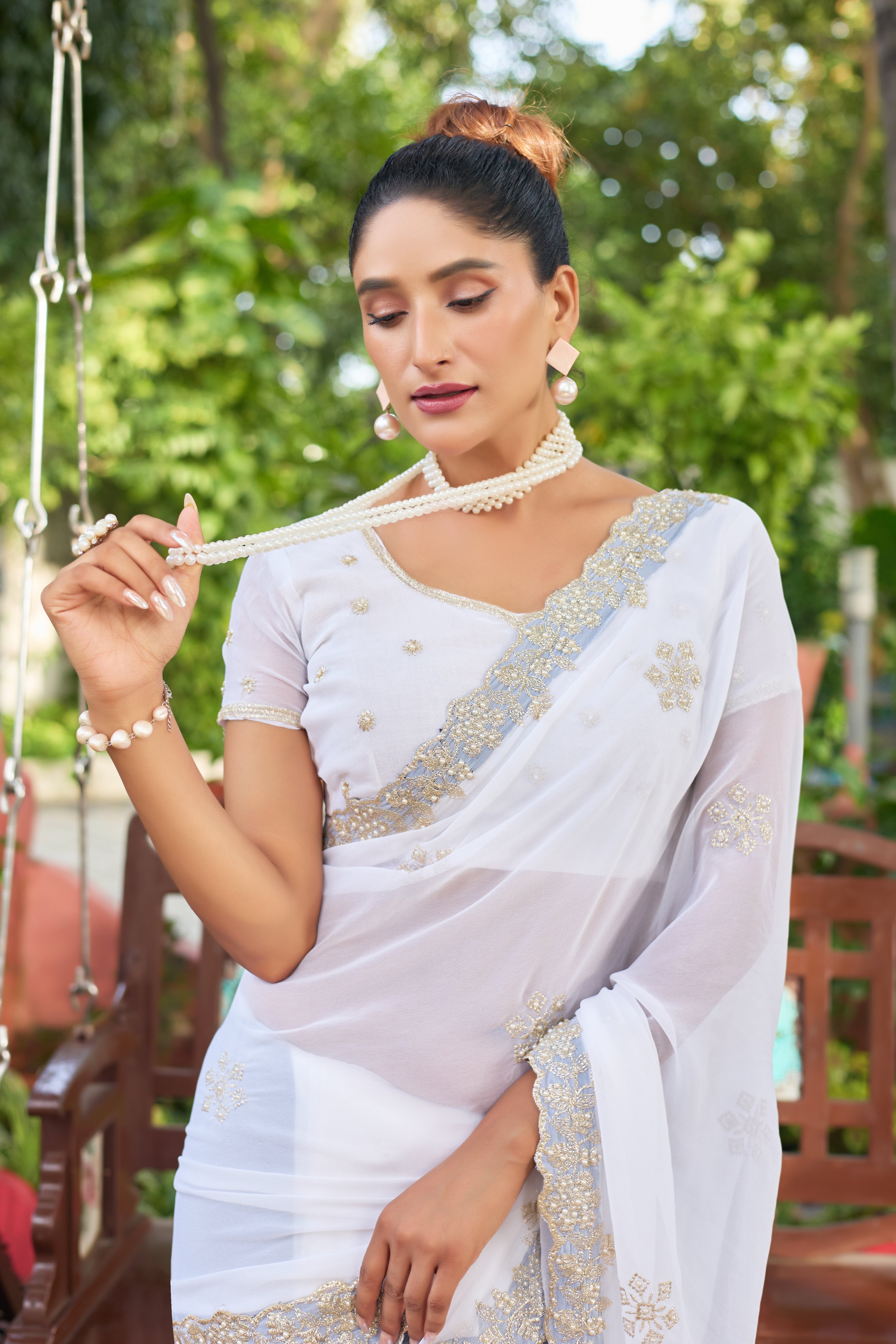 Crimson Blossom Georgette Saree with White Floral Embroidery