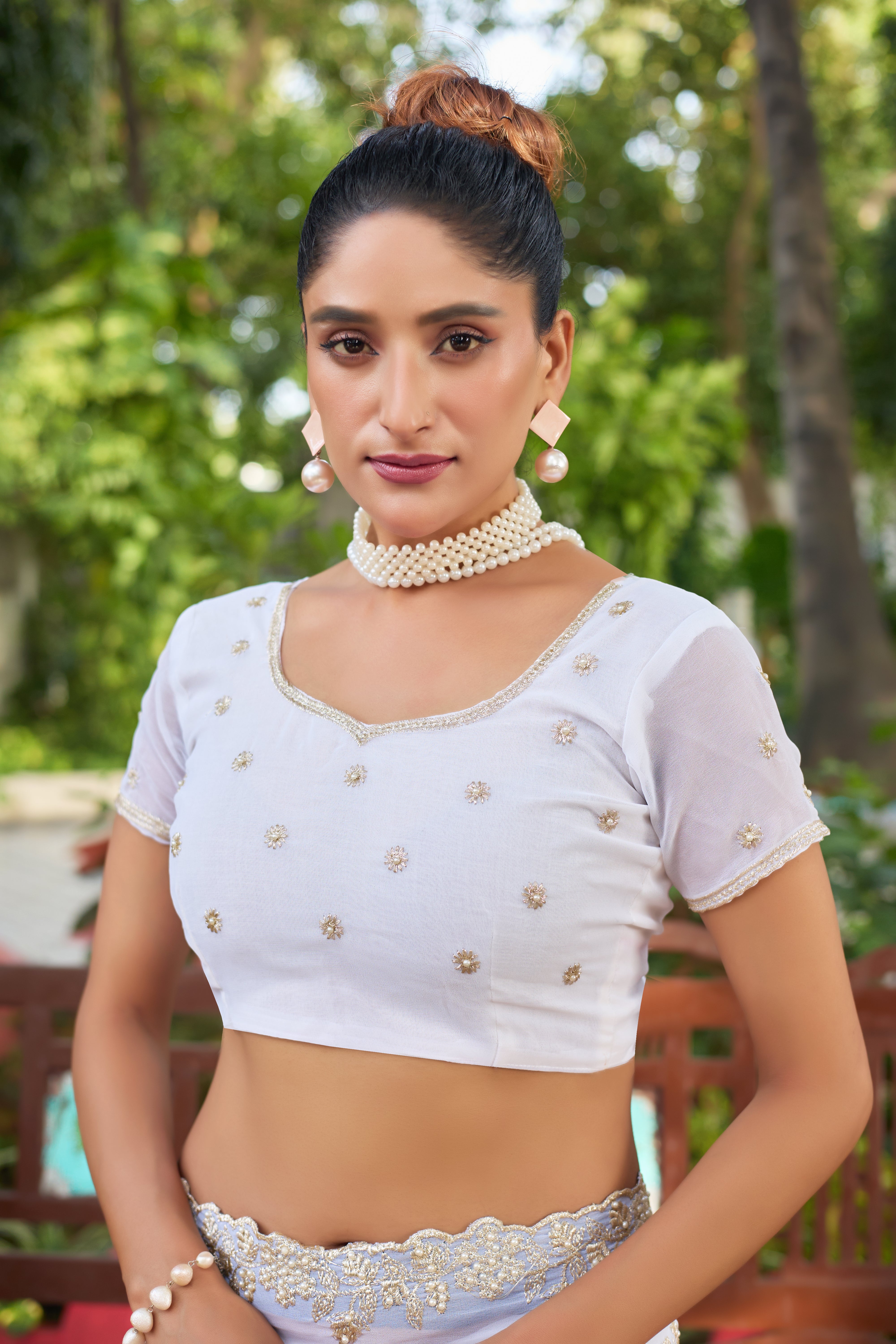 Crimson Blossom Georgette Saree with White Floral Embroidery