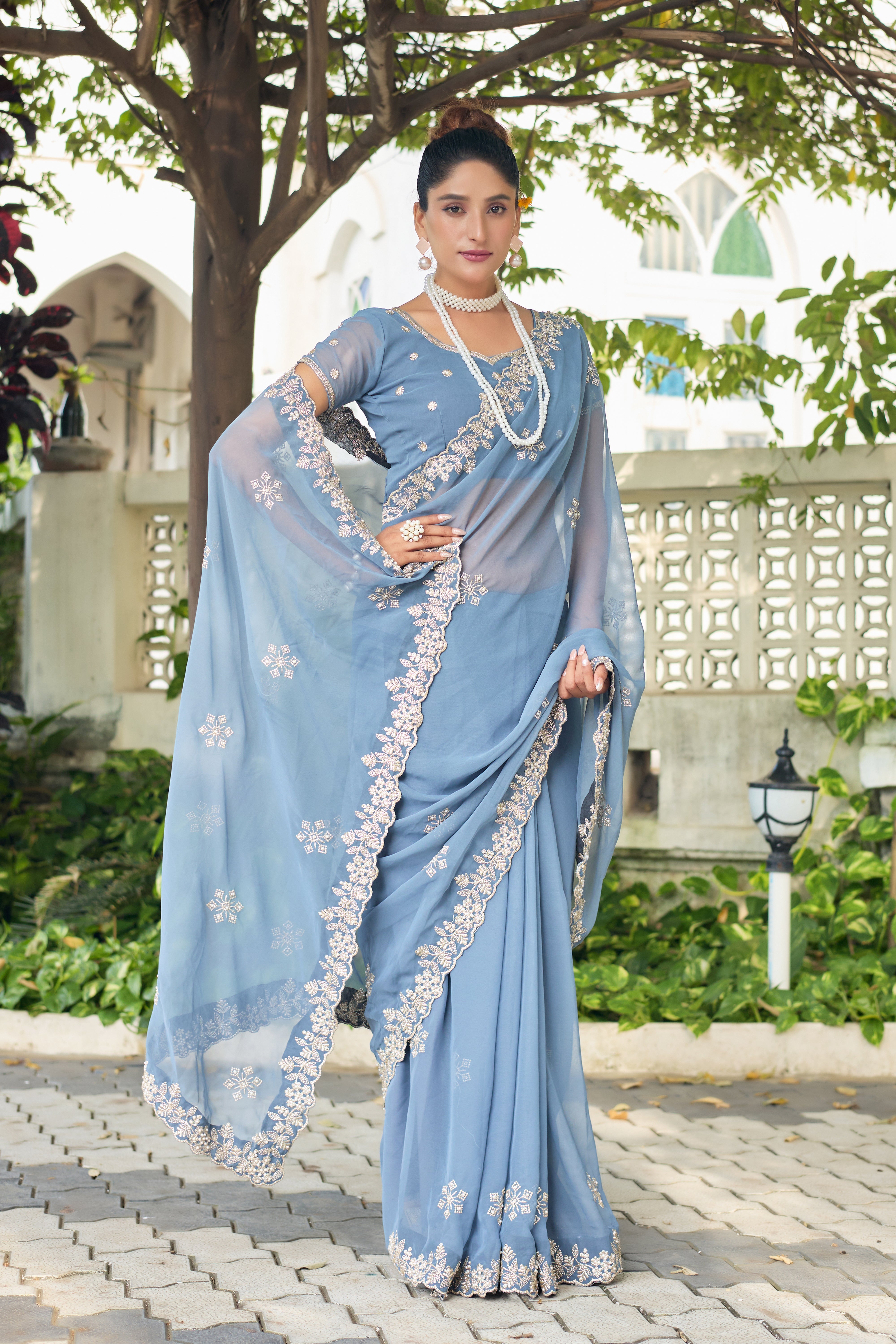 Crimson Blossom Georgette Saree with White Floral Embroidery