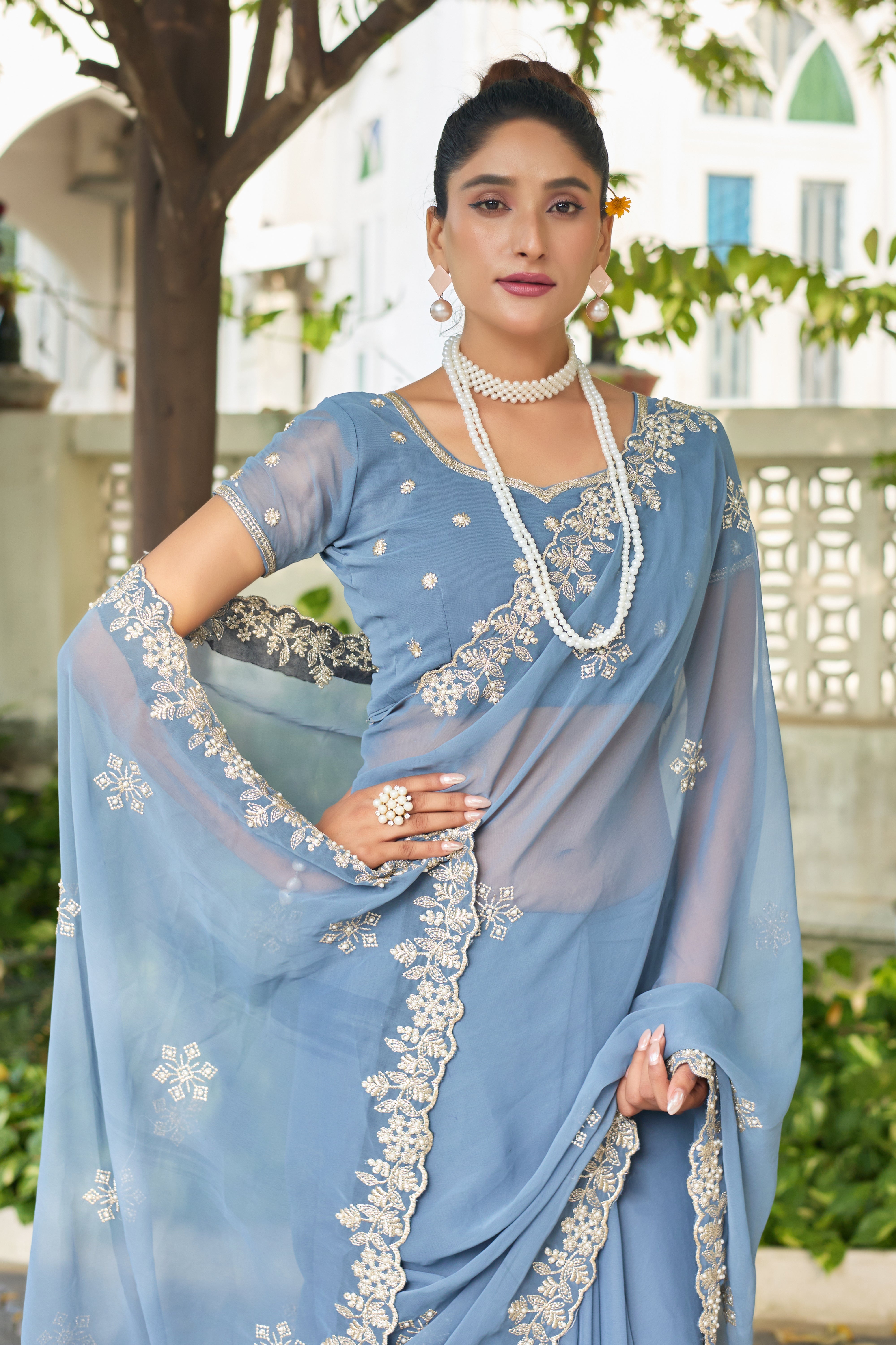 Crimson Blossom Georgette Saree with White Floral Embroidery