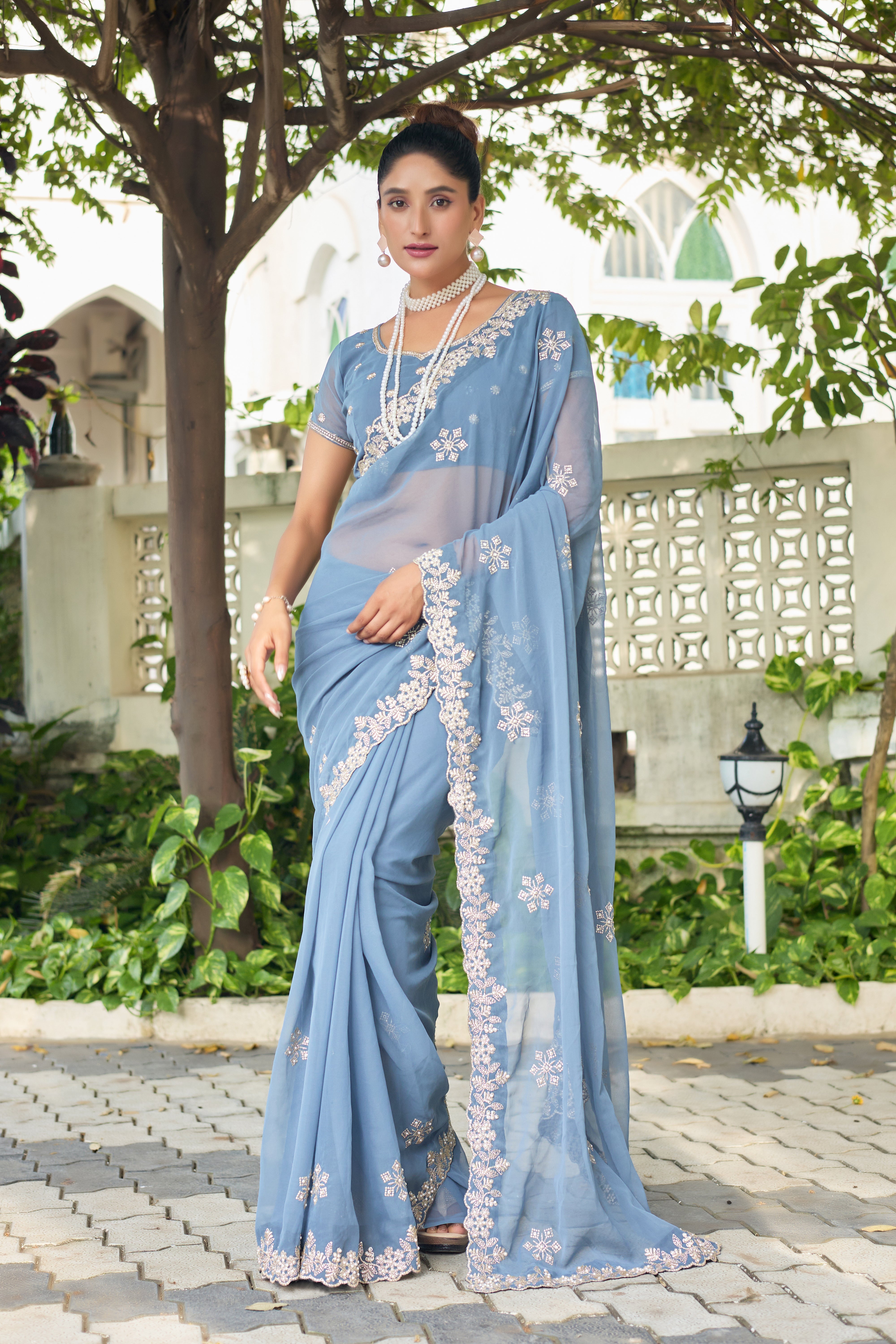 Crimson Blossom Georgette Saree with White Floral Embroidery