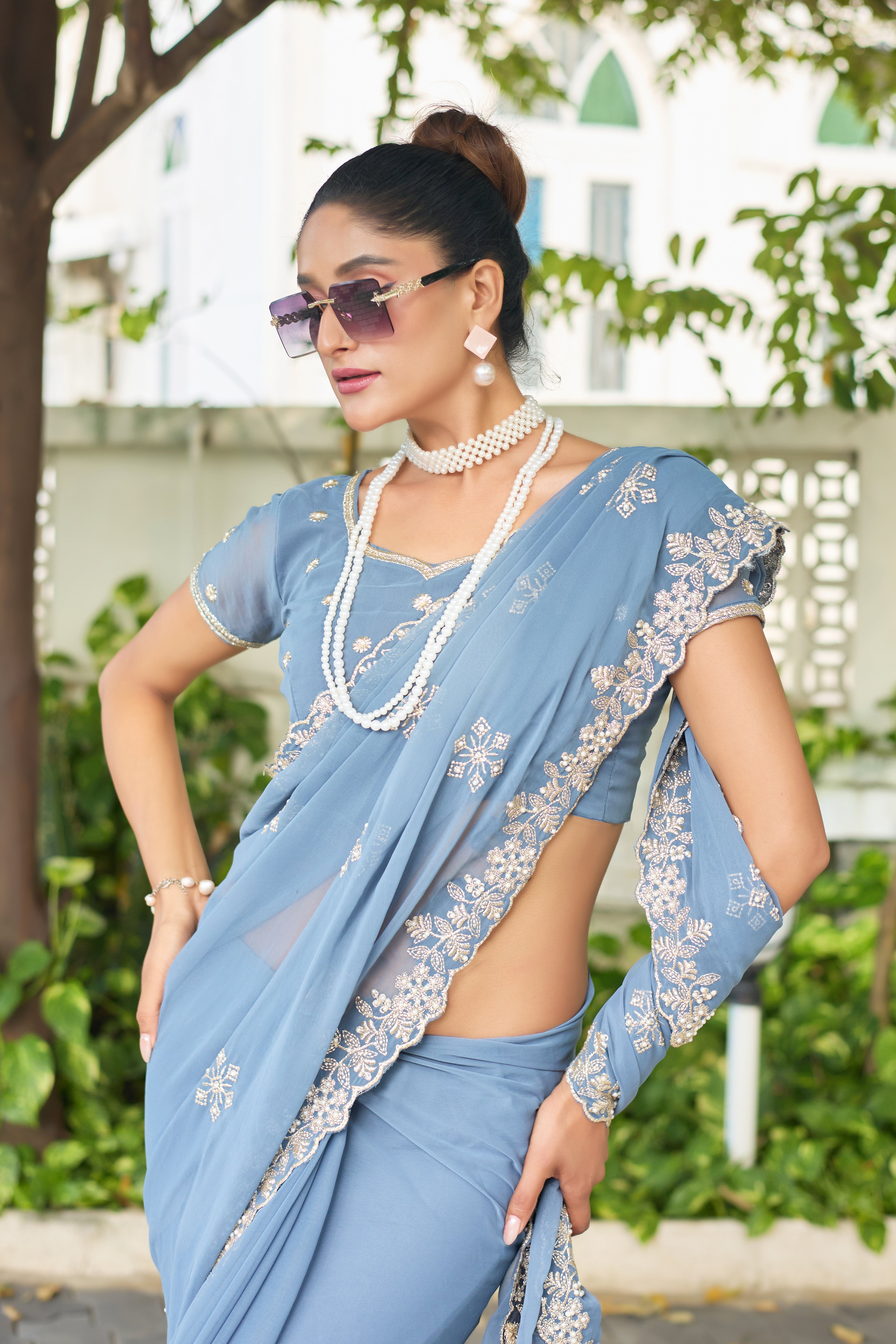 Crimson Blossom Georgette Saree with White Floral Embroidery