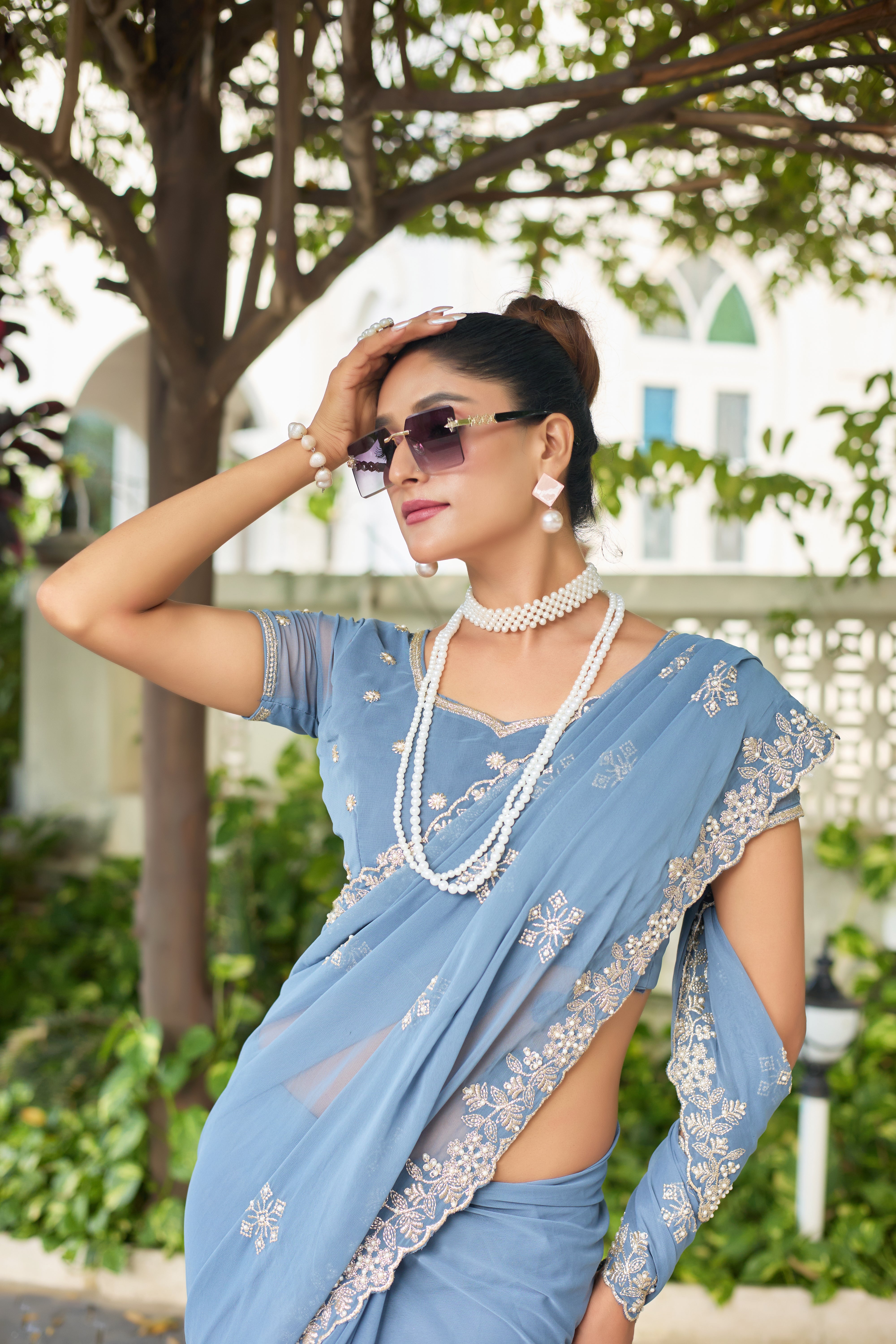 Crimson Blossom Georgette Saree with White Floral Embroidery