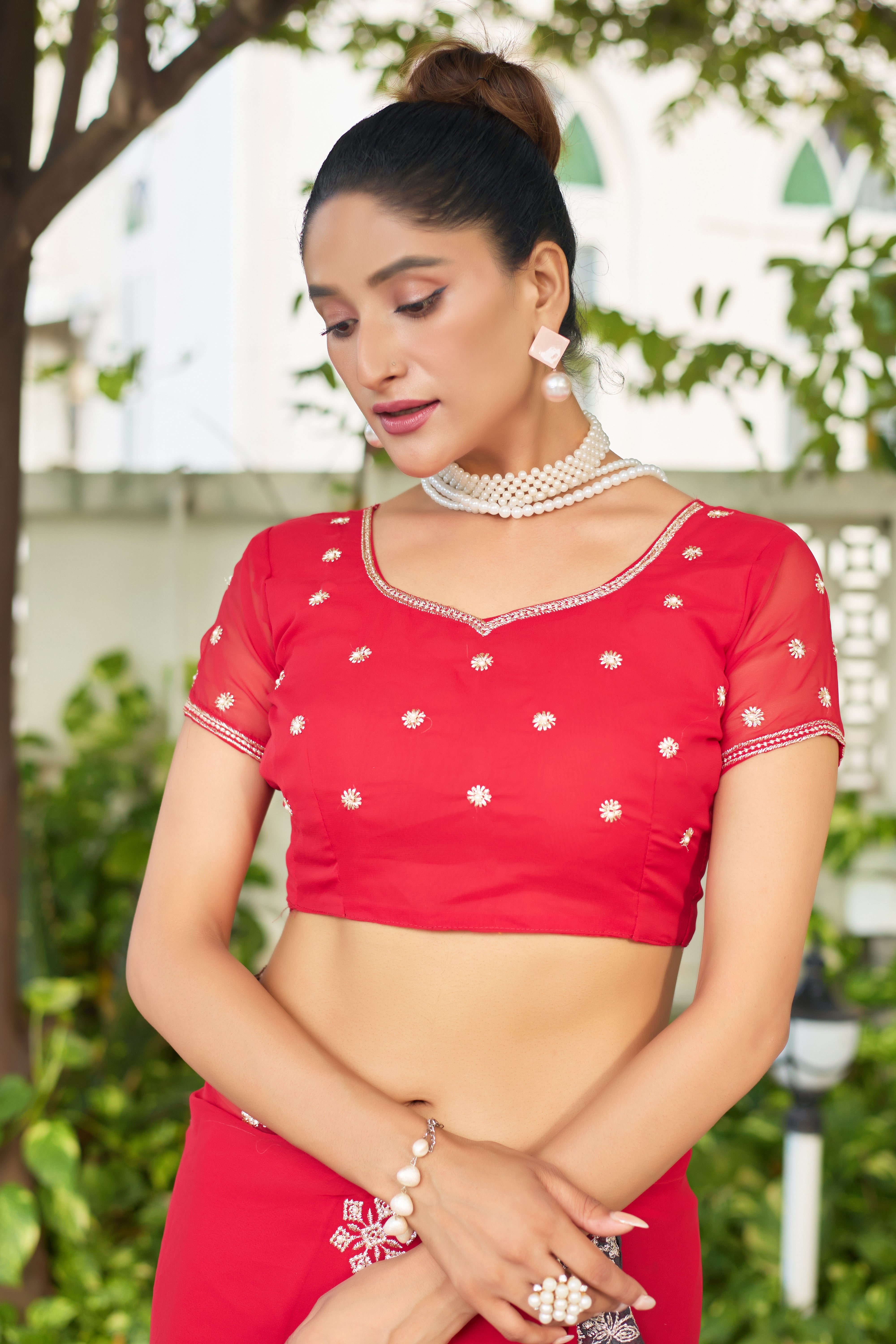 Crimson Blossom Georgette Saree with White Floral Embroidery