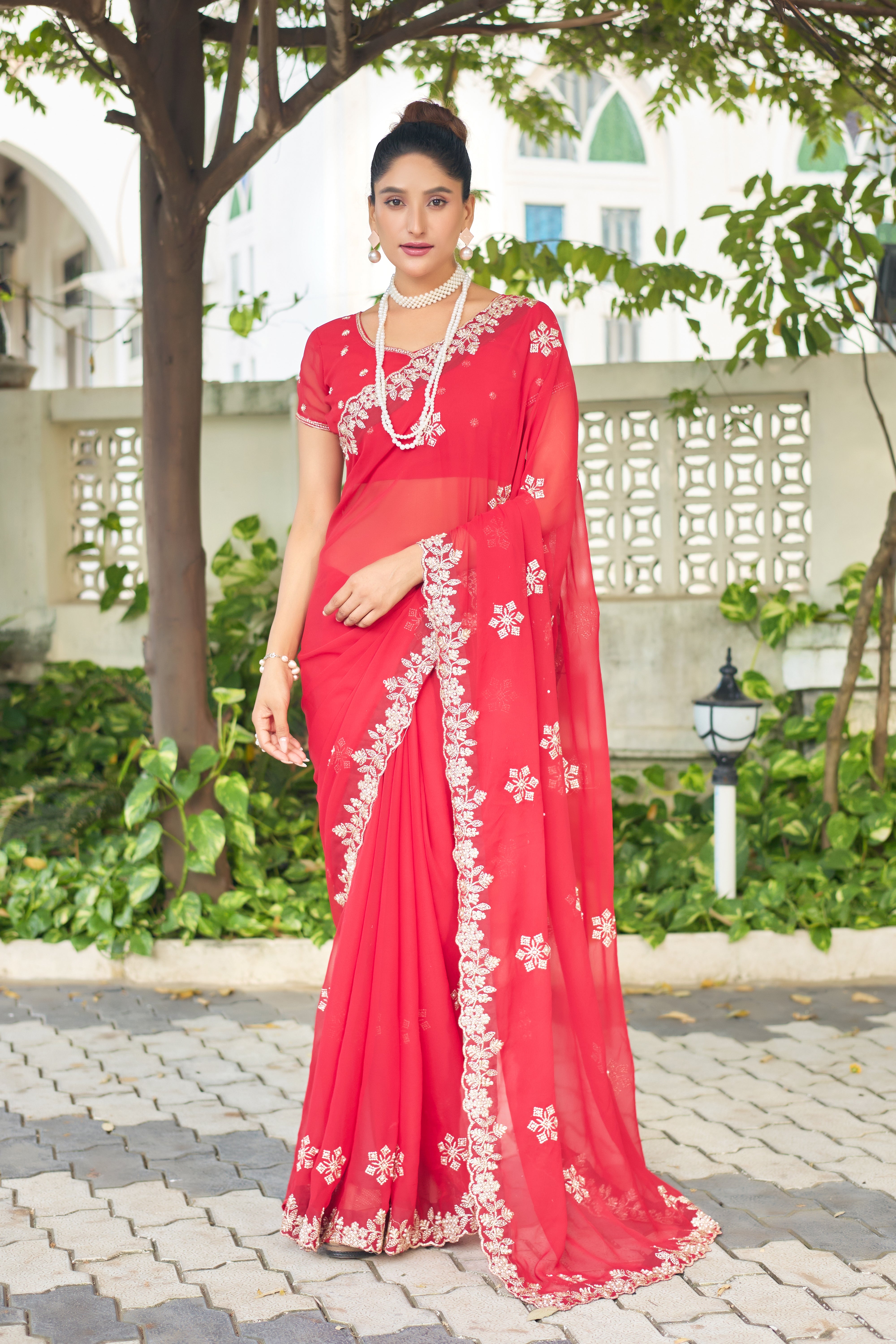 Crimson Blossom Georgette Saree with White Floral Embroidery