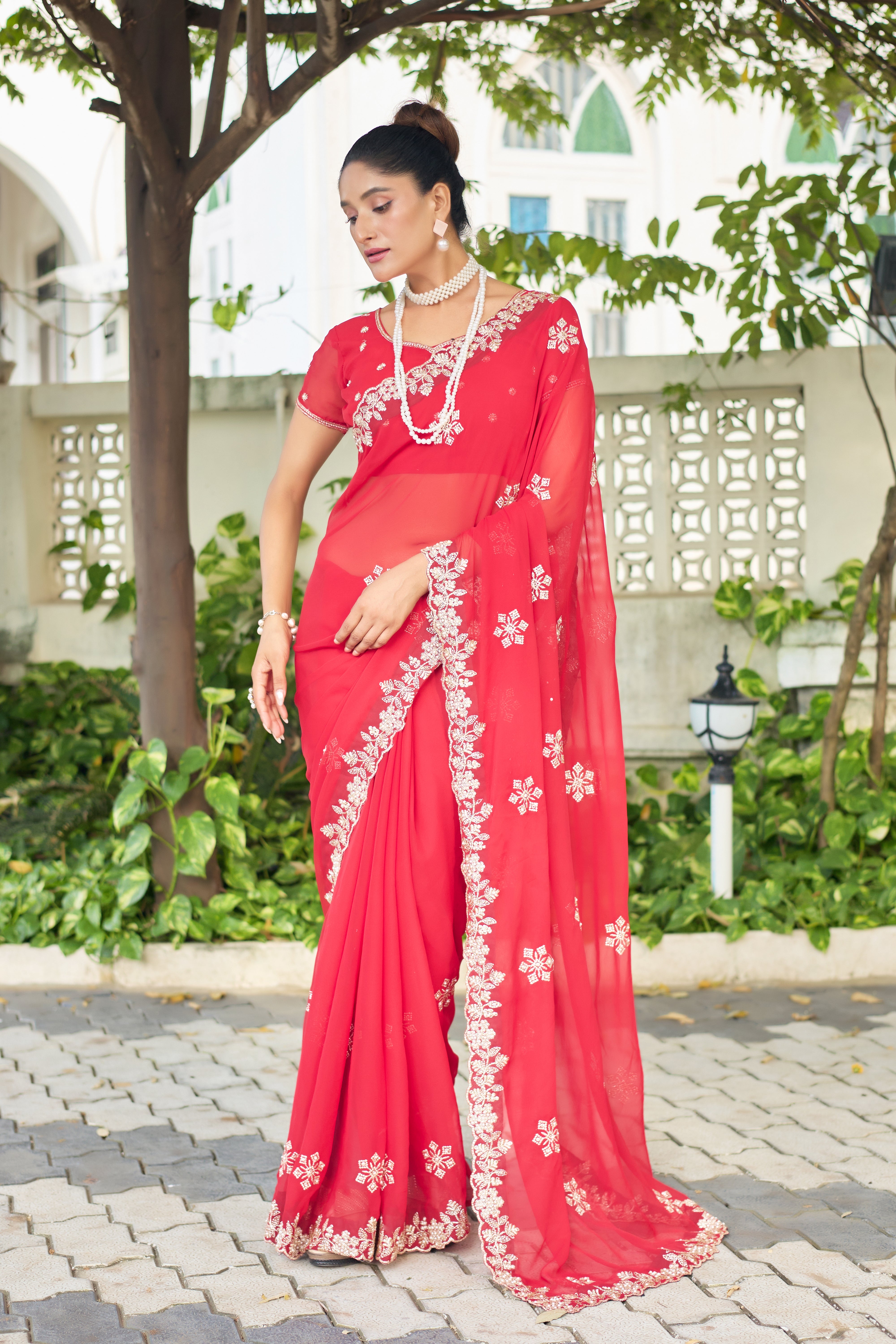 Crimson Blossom Georgette Saree with White Floral Embroidery