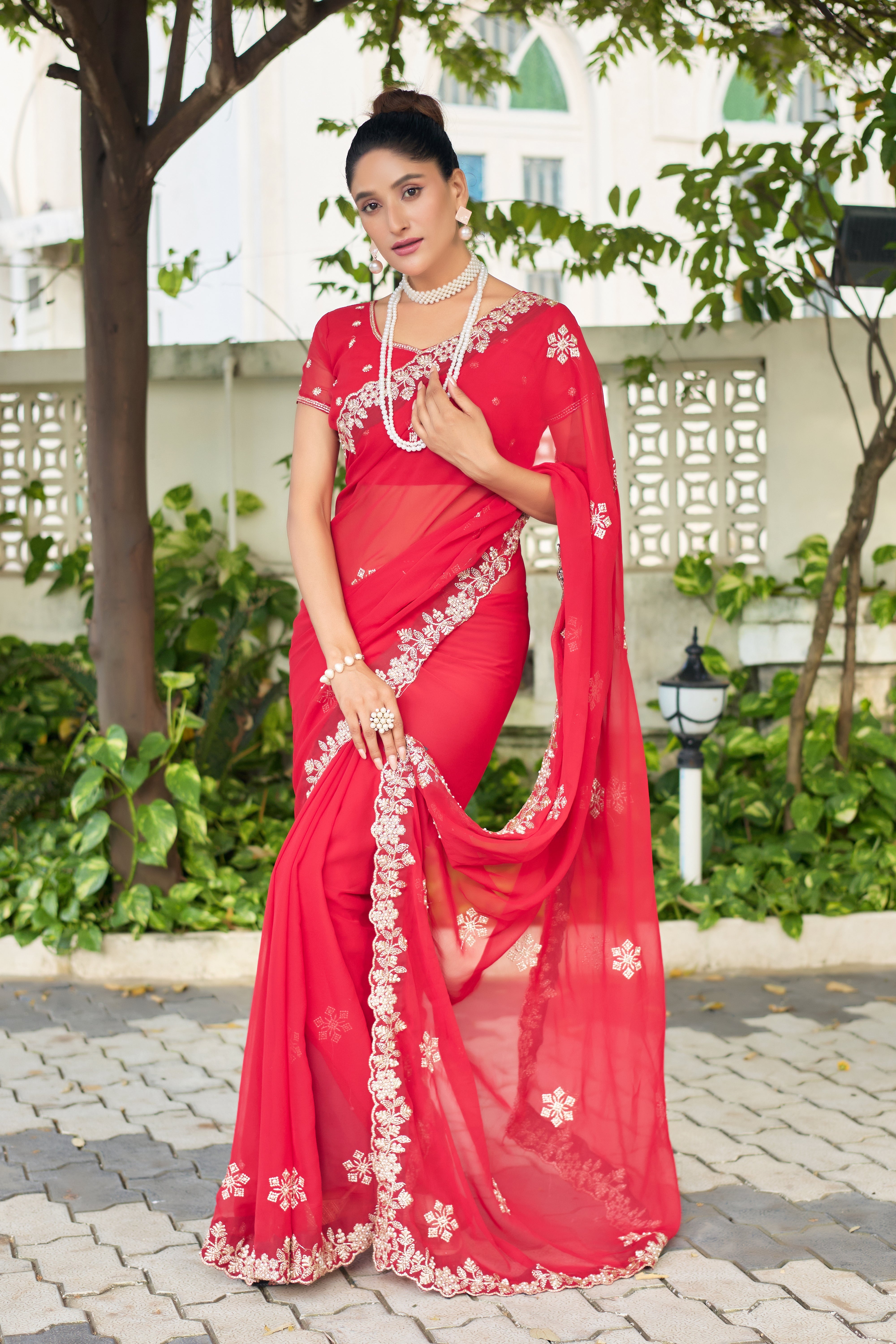 Crimson Blossom Georgette Saree with White Floral Embroidery