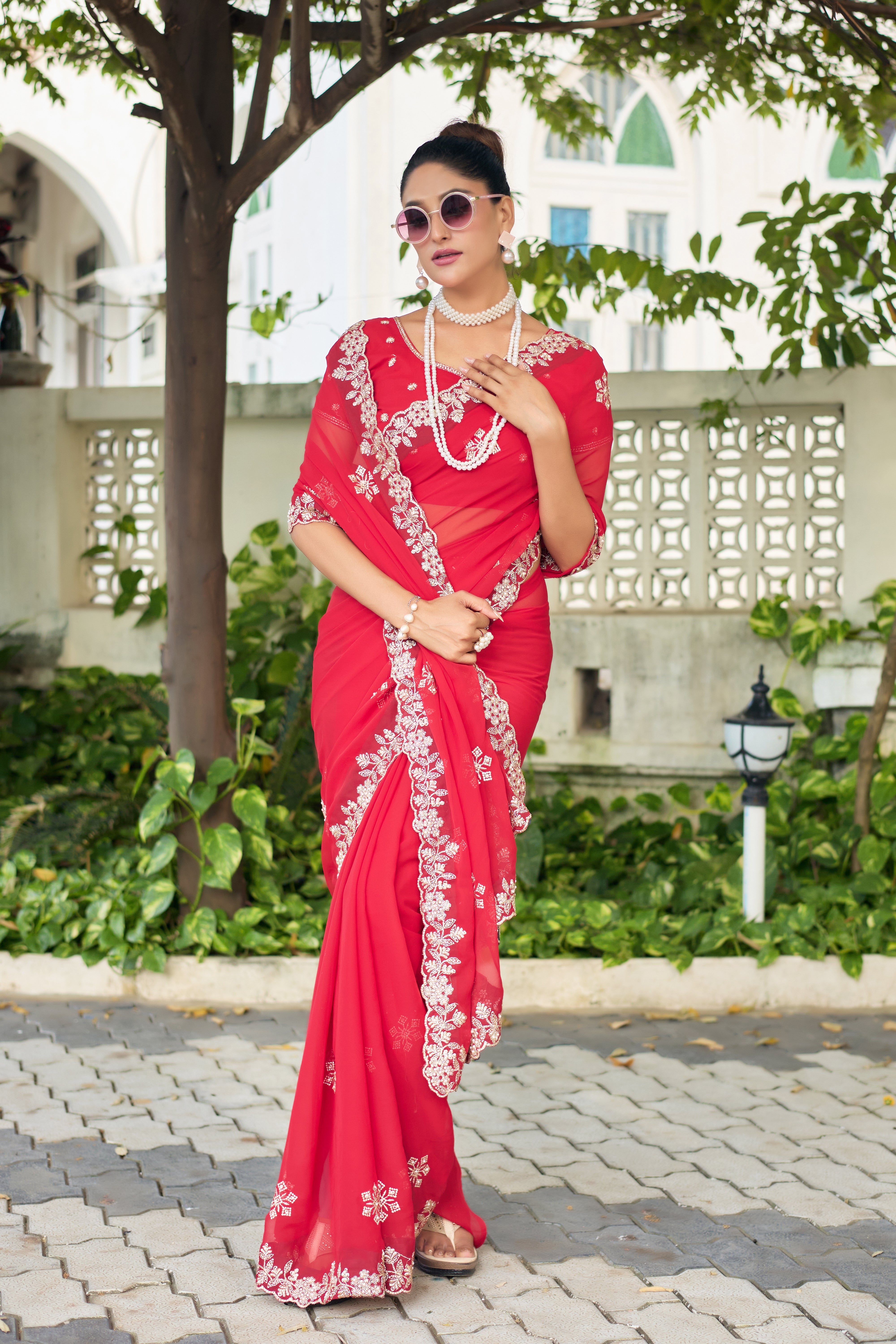 Crimson Blossom Georgette Saree with White Floral Embroidery