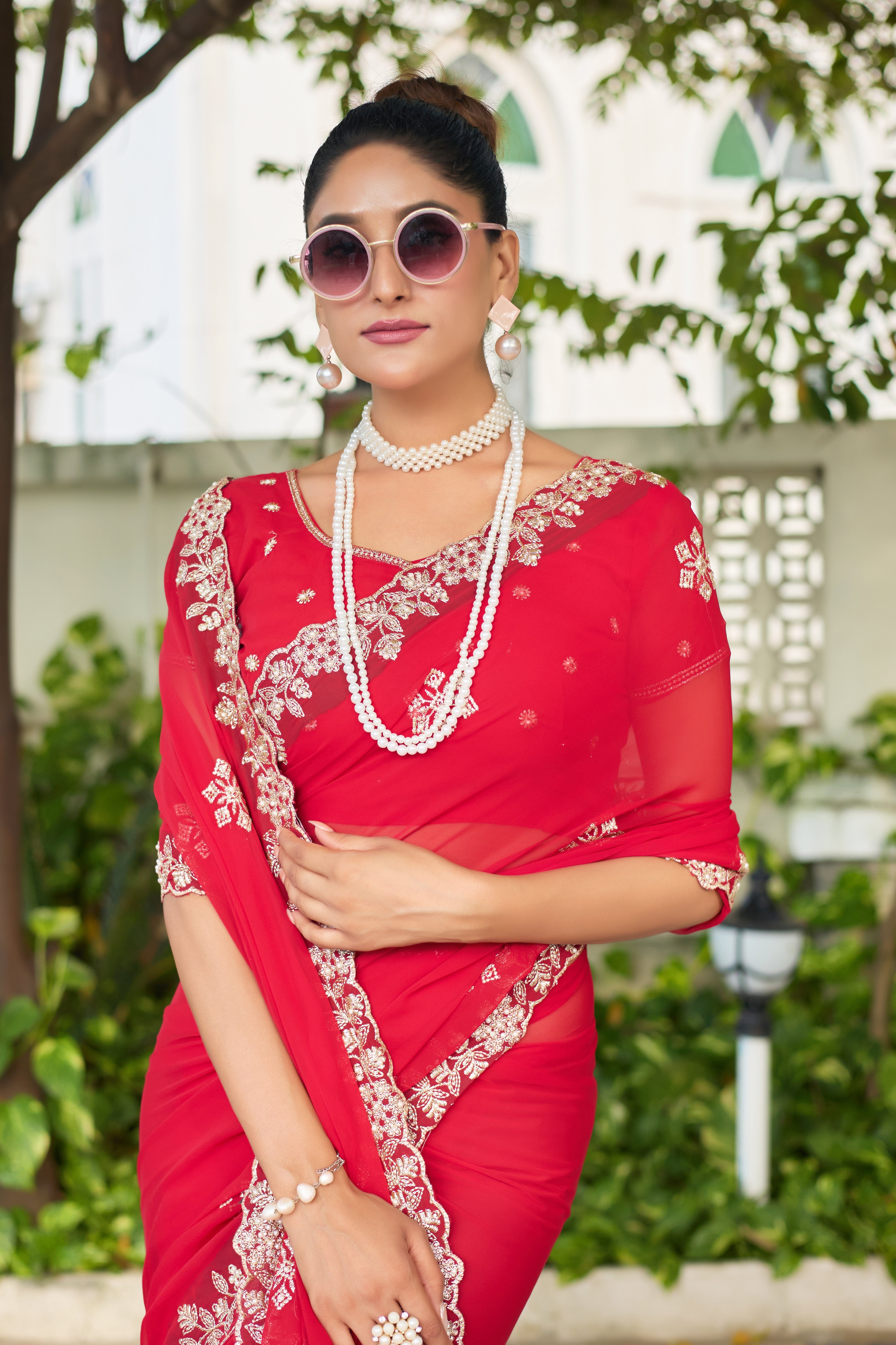 Crimson Blossom Georgette Saree with White Floral Embroidery