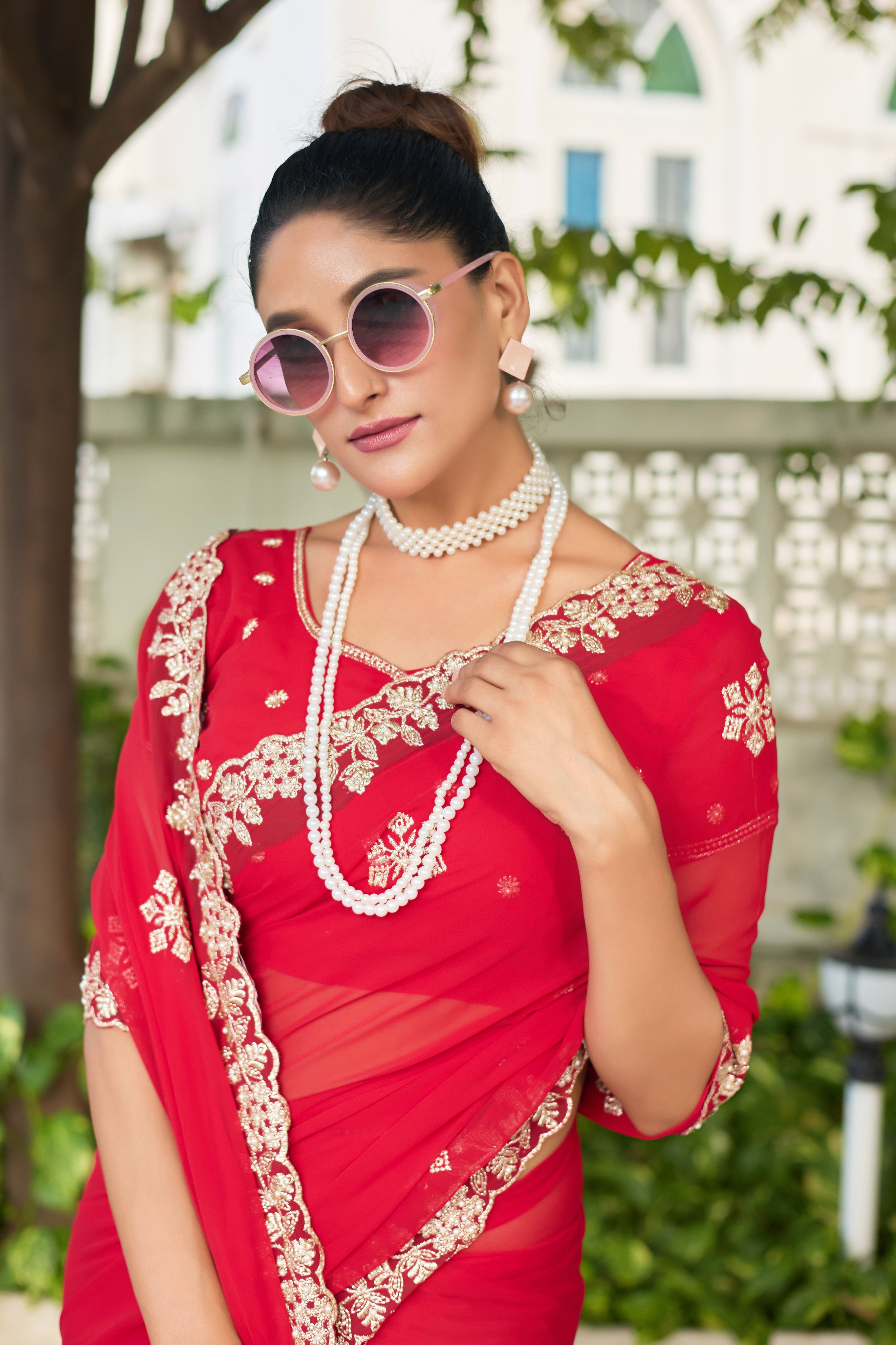 Crimson Blossom Georgette Saree with White Floral Embroidery