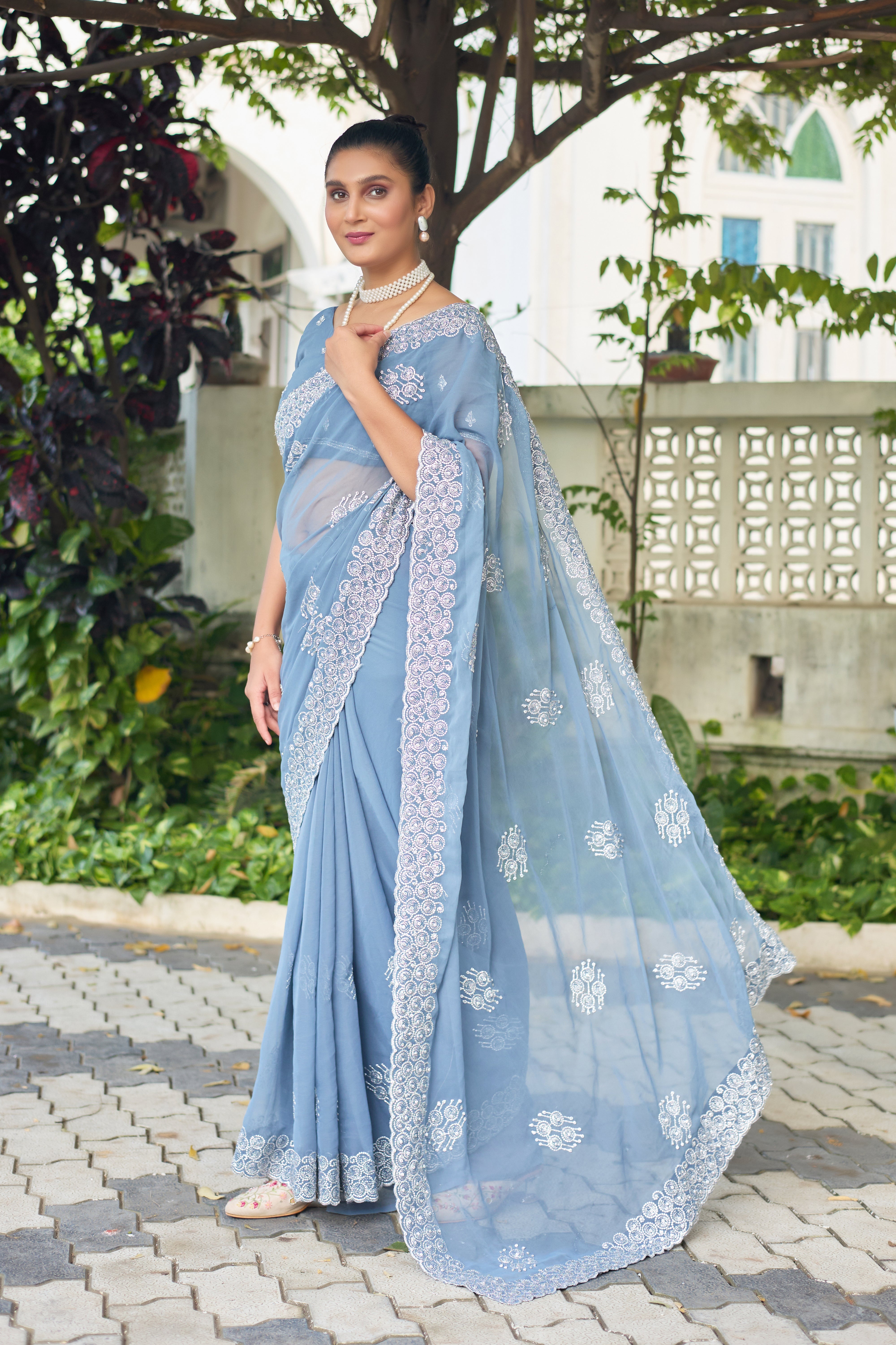 Royal Sapphire Blue Georgette Saree with Silver Embroidered Border