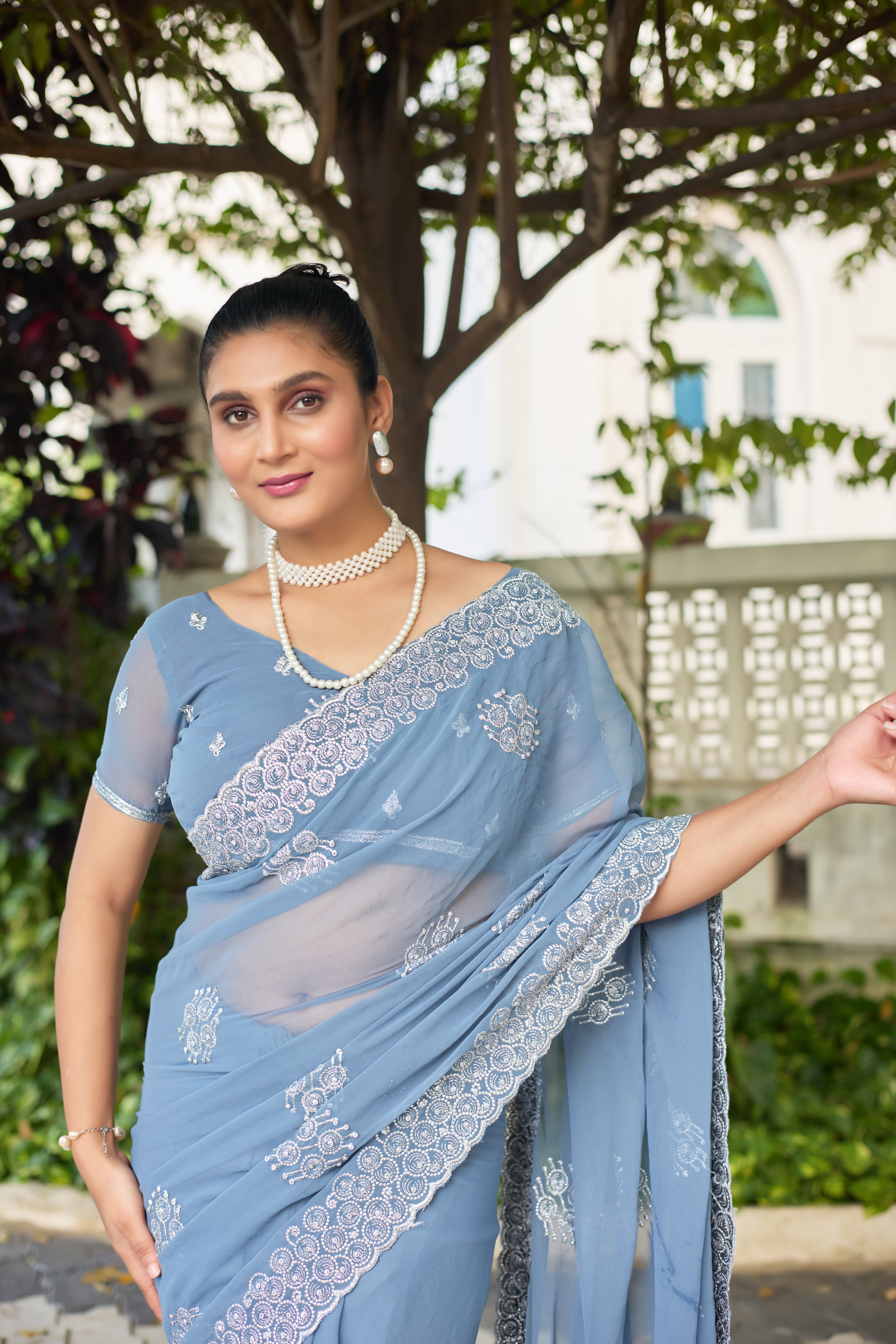 Royal Sapphire Blue Georgette Saree with Silver Embroidered Border