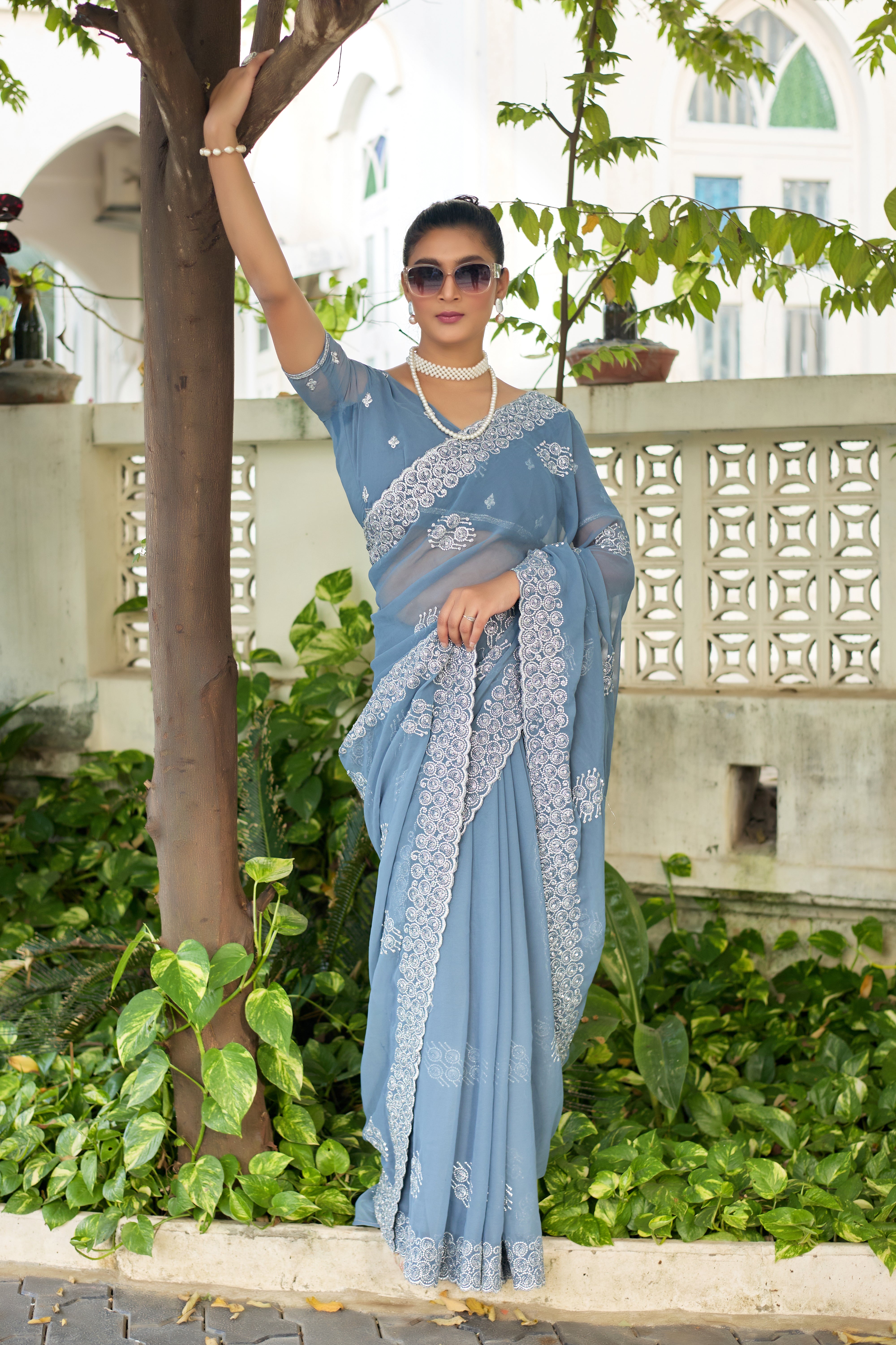 Royal Sapphire Blue Georgette Saree with Silver Embroidered Border