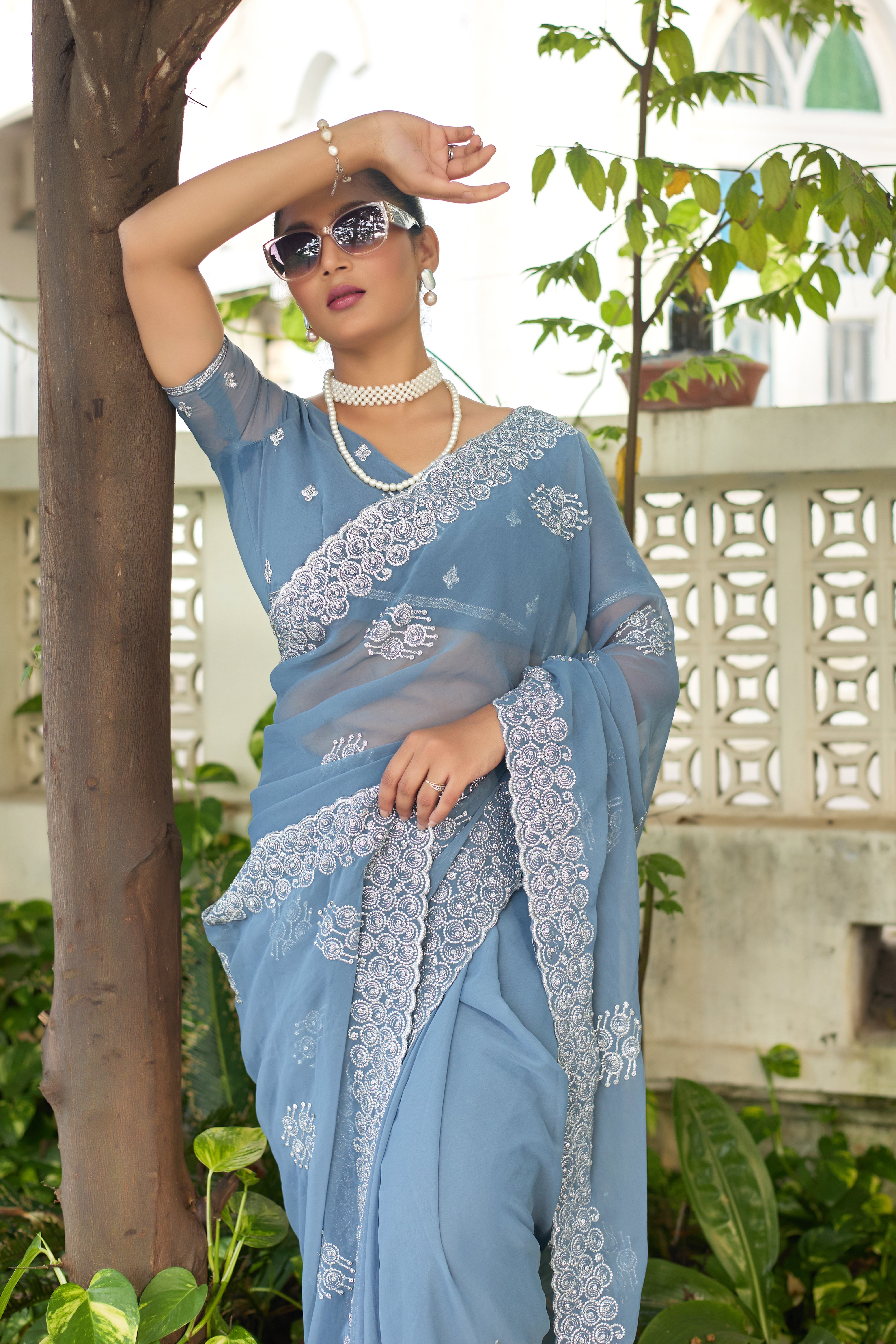 Royal Sapphire Blue Georgette Saree with Silver Embroidered Border