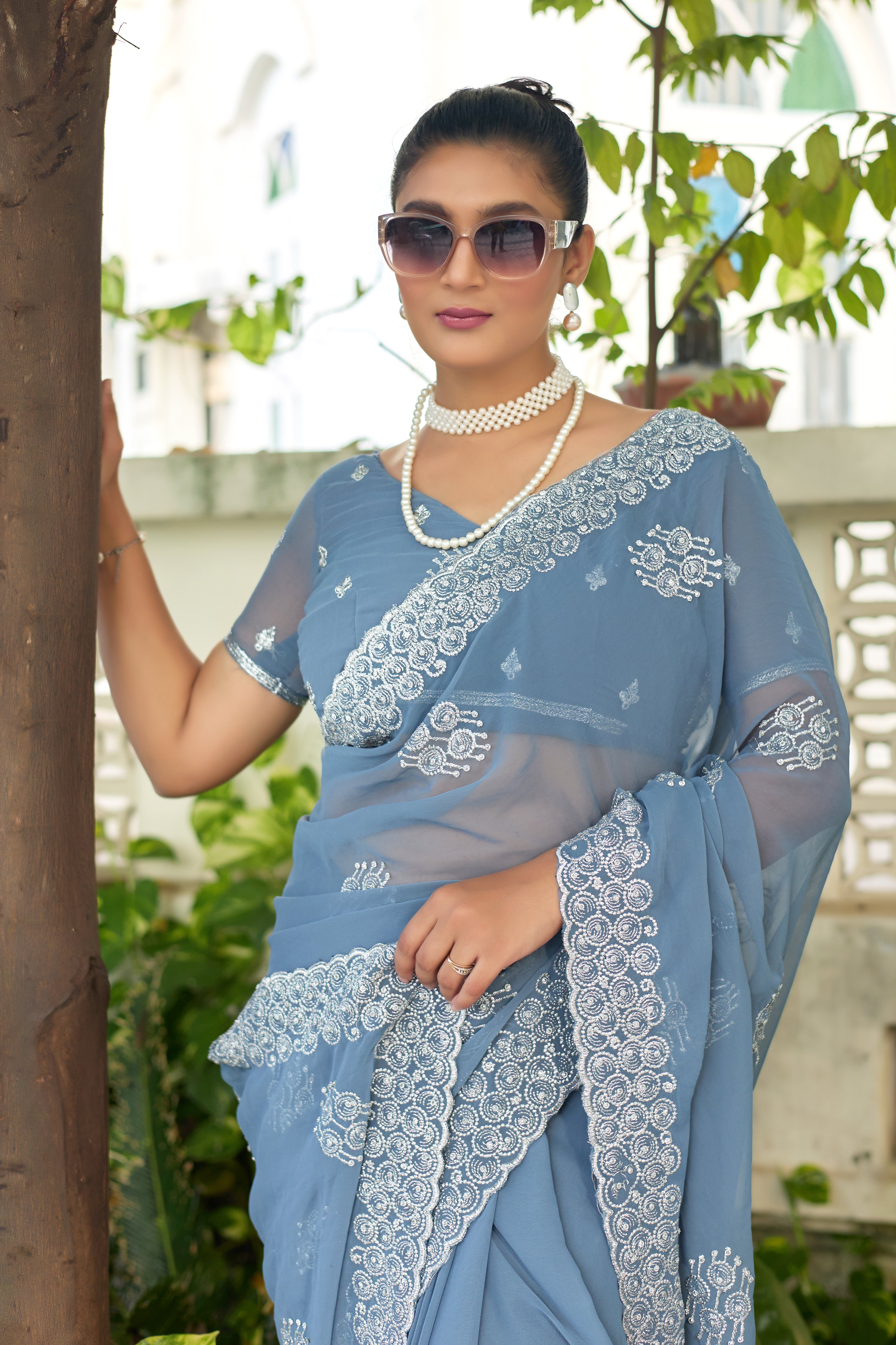 Royal Sapphire Blue Georgette Saree with Silver Embroidered Border