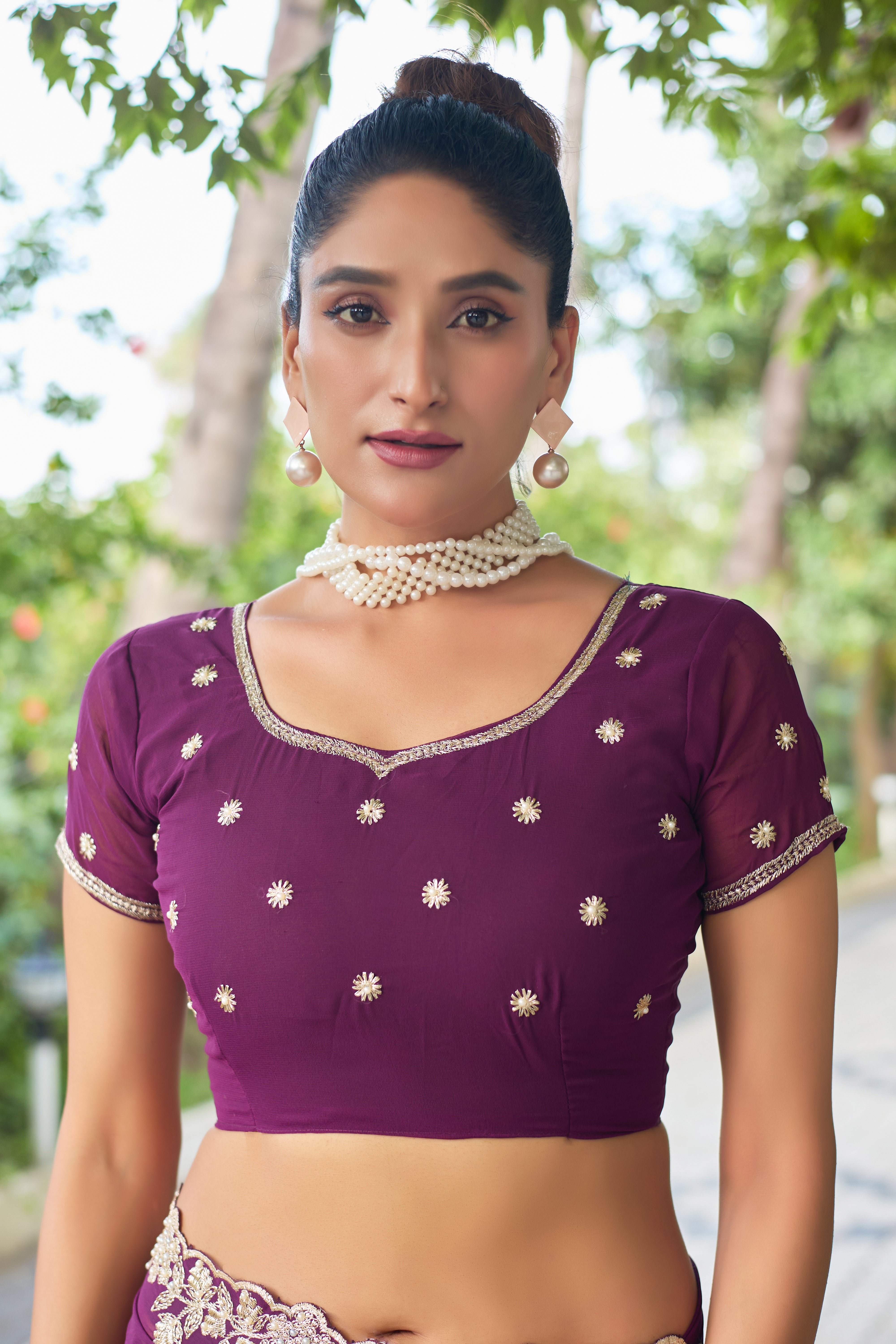 Crimson Blossom Georgette Saree with White Floral Embroidery