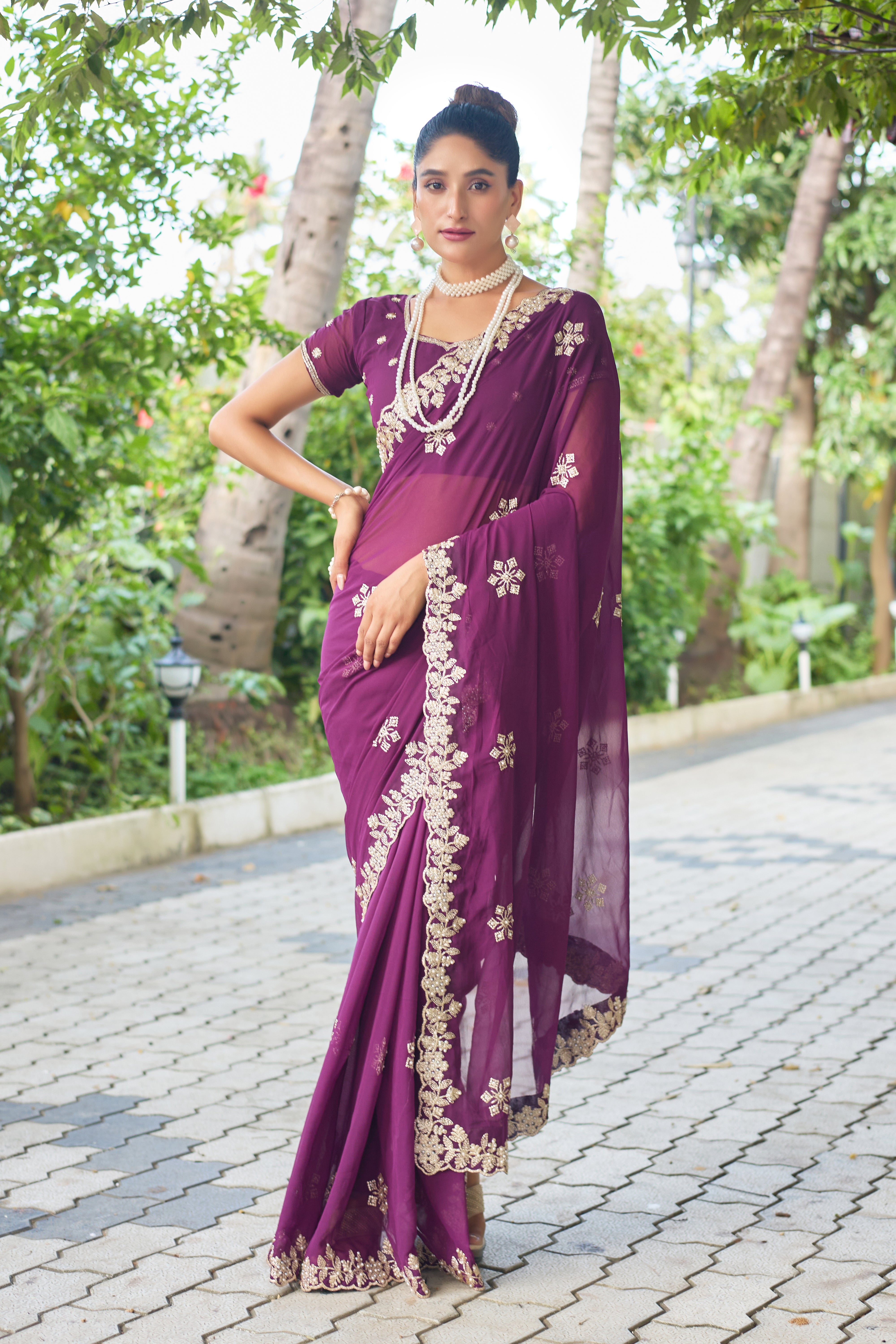 Crimson Blossom Georgette Saree with White Floral Embroidery