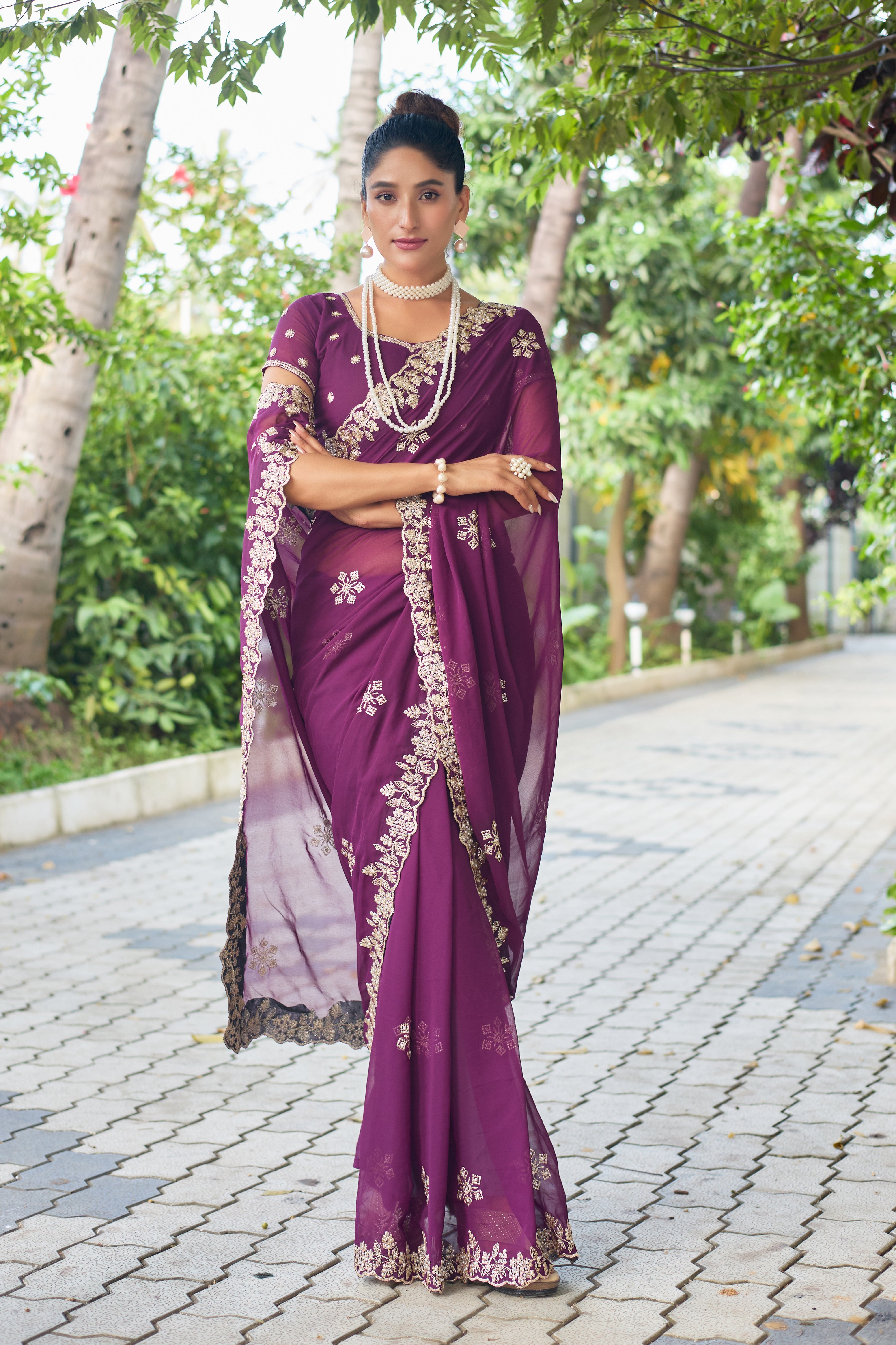 Crimson Blossom Georgette Saree with White Floral Embroidery