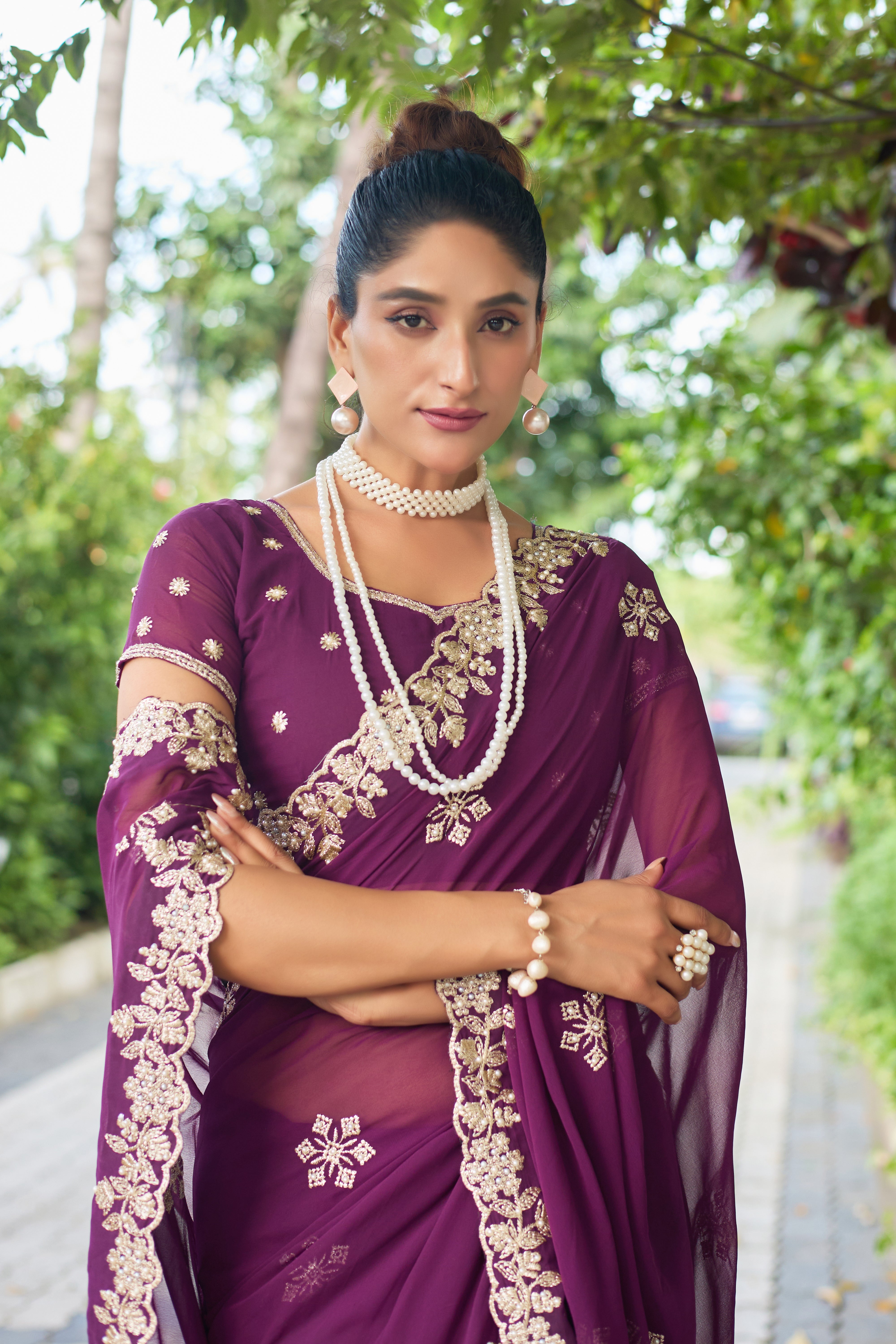 Crimson Blossom Georgette Saree with White Floral Embroidery