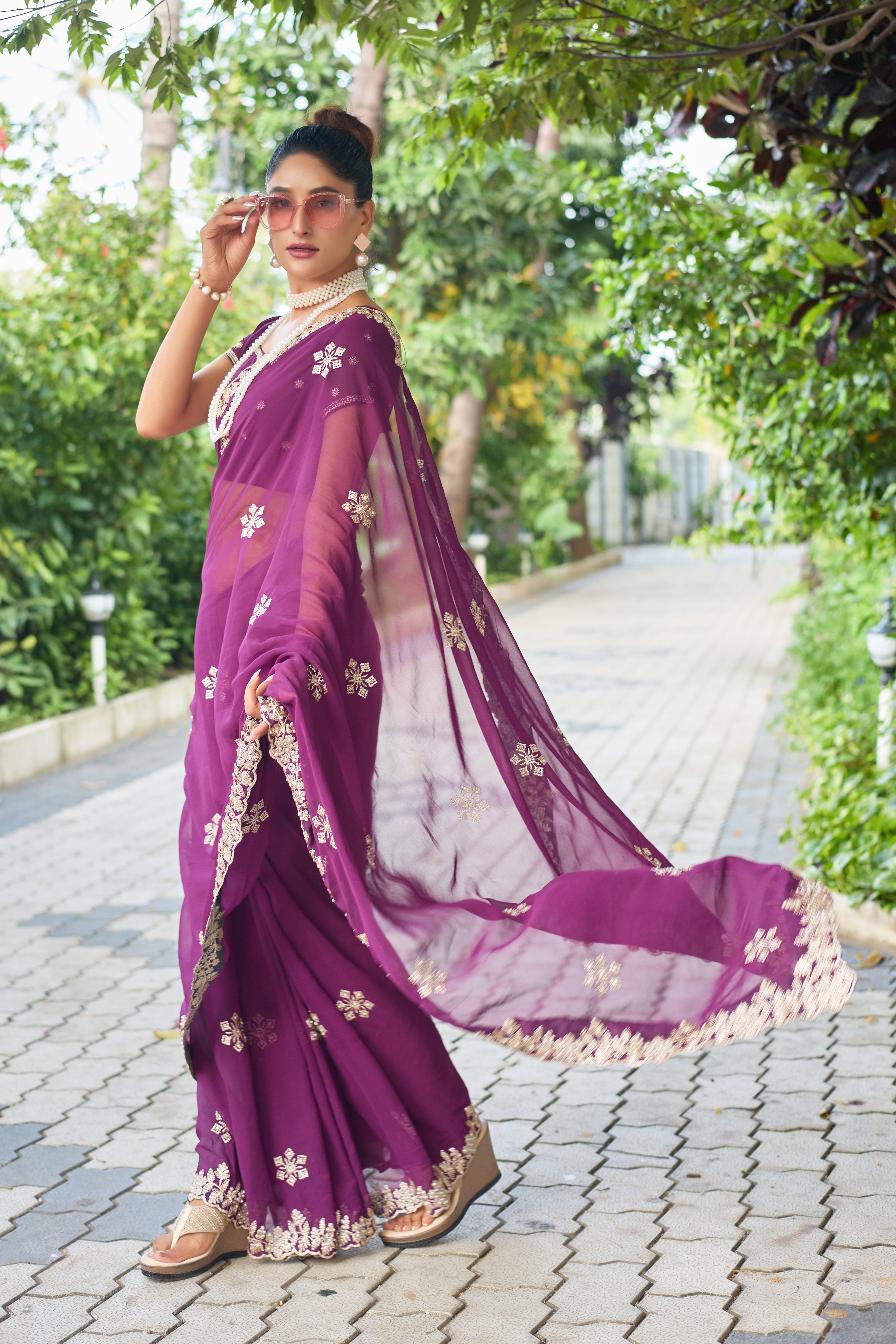 Crimson Blossom Georgette Saree with White Floral Embroidery