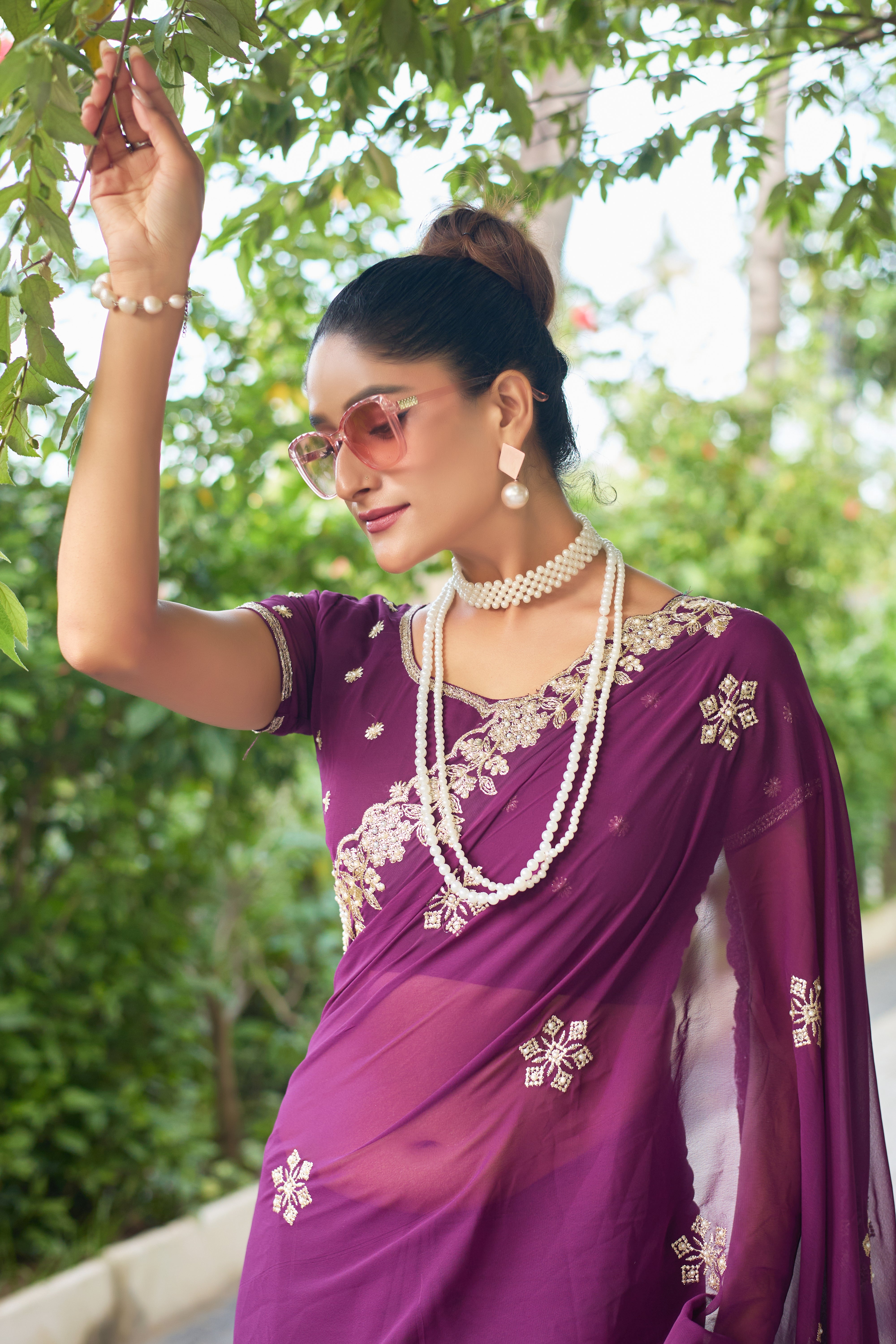 Crimson Blossom Georgette Saree with White Floral Embroidery