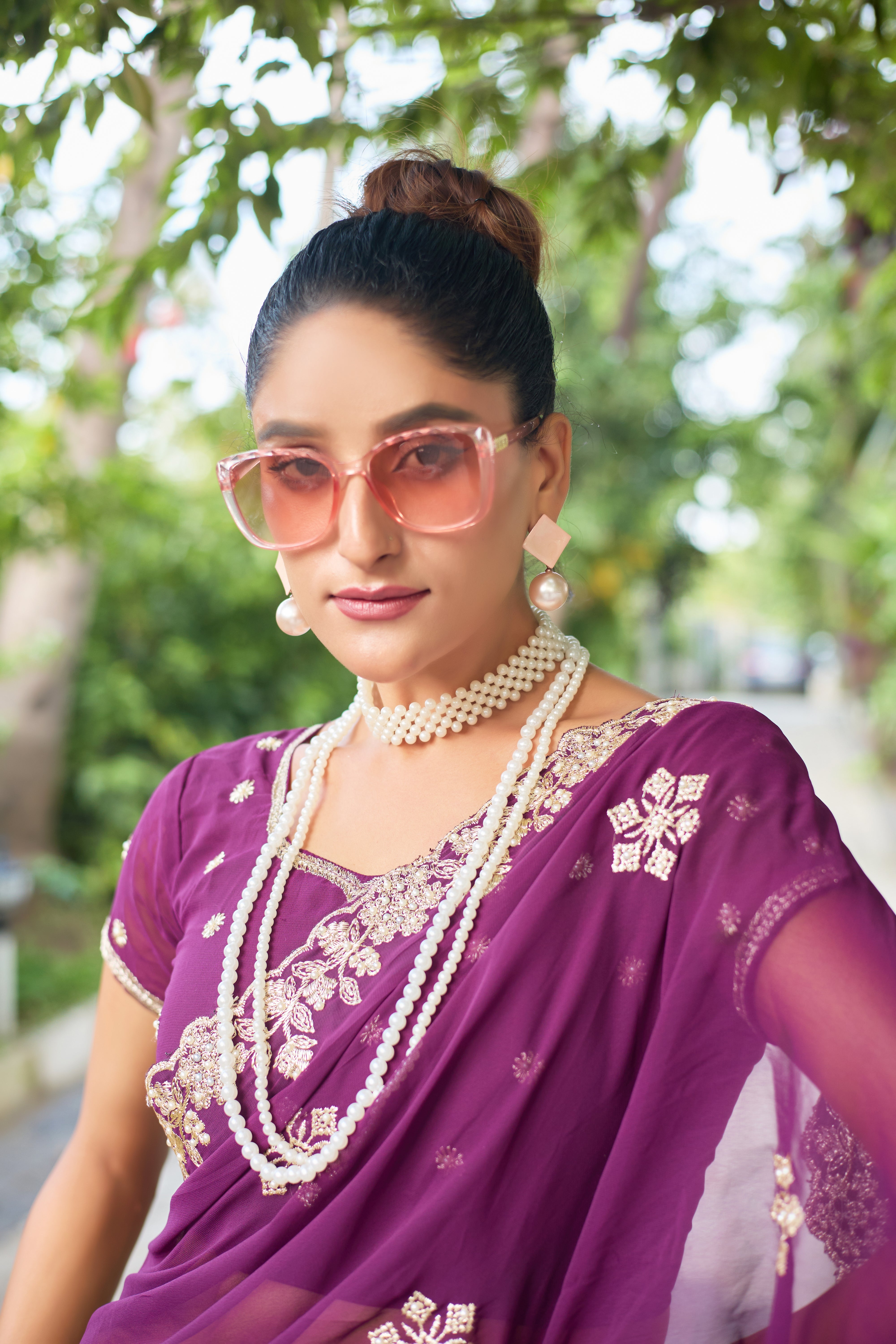 Crimson Blossom Georgette Saree with White Floral Embroidery