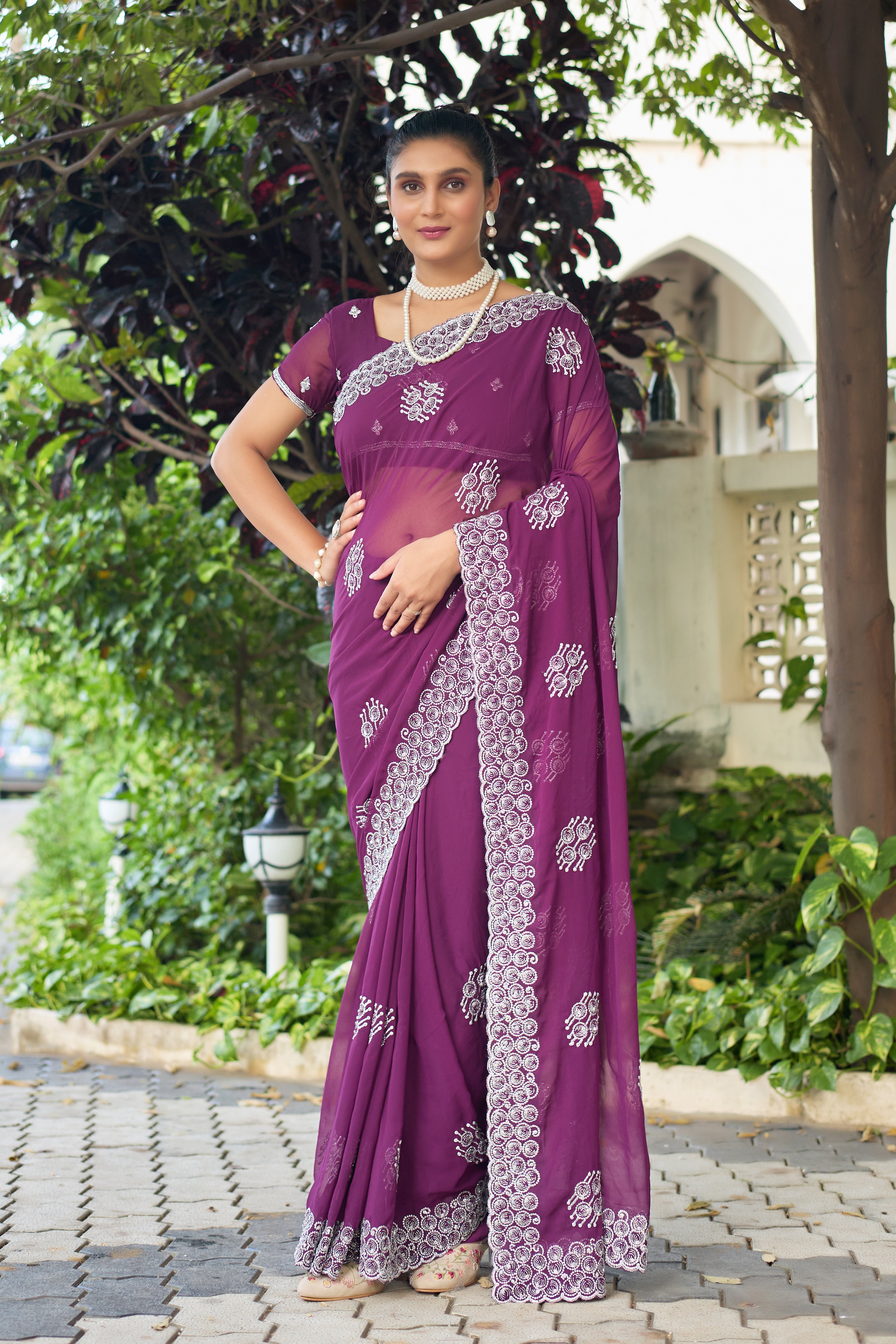 Royal Sapphire Blue Georgette Saree with Silver Embroidered Border